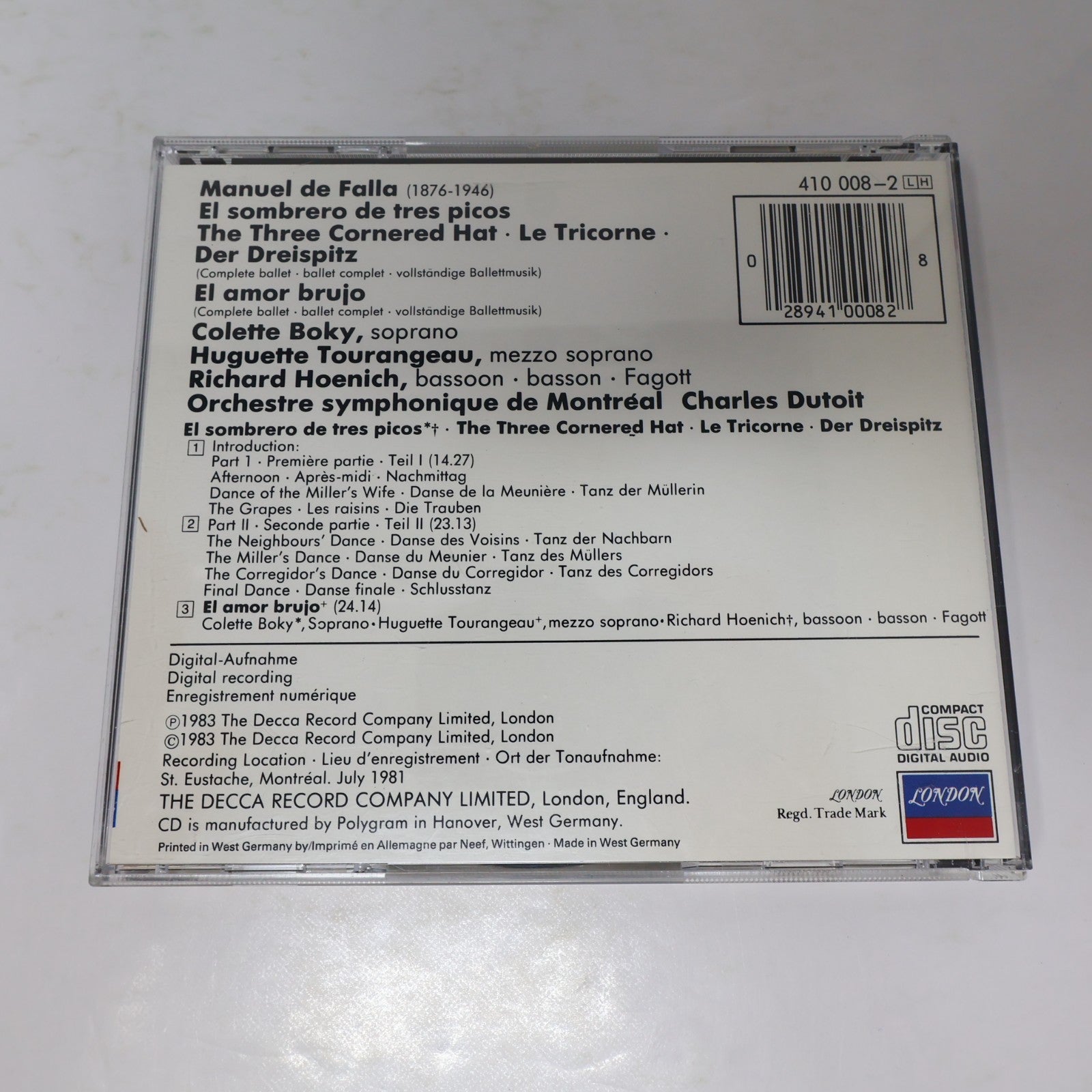 Manuel De Falla CD The Three Cornered Hat/El Amor Brujo Charles Dutoit/OSM/Boky
