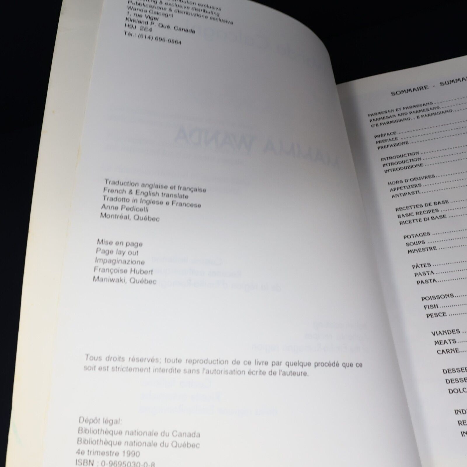 1990 Mamma Wanda Cuisine Italienne Recettes Authentiques de Wanda Calcagni Livre
