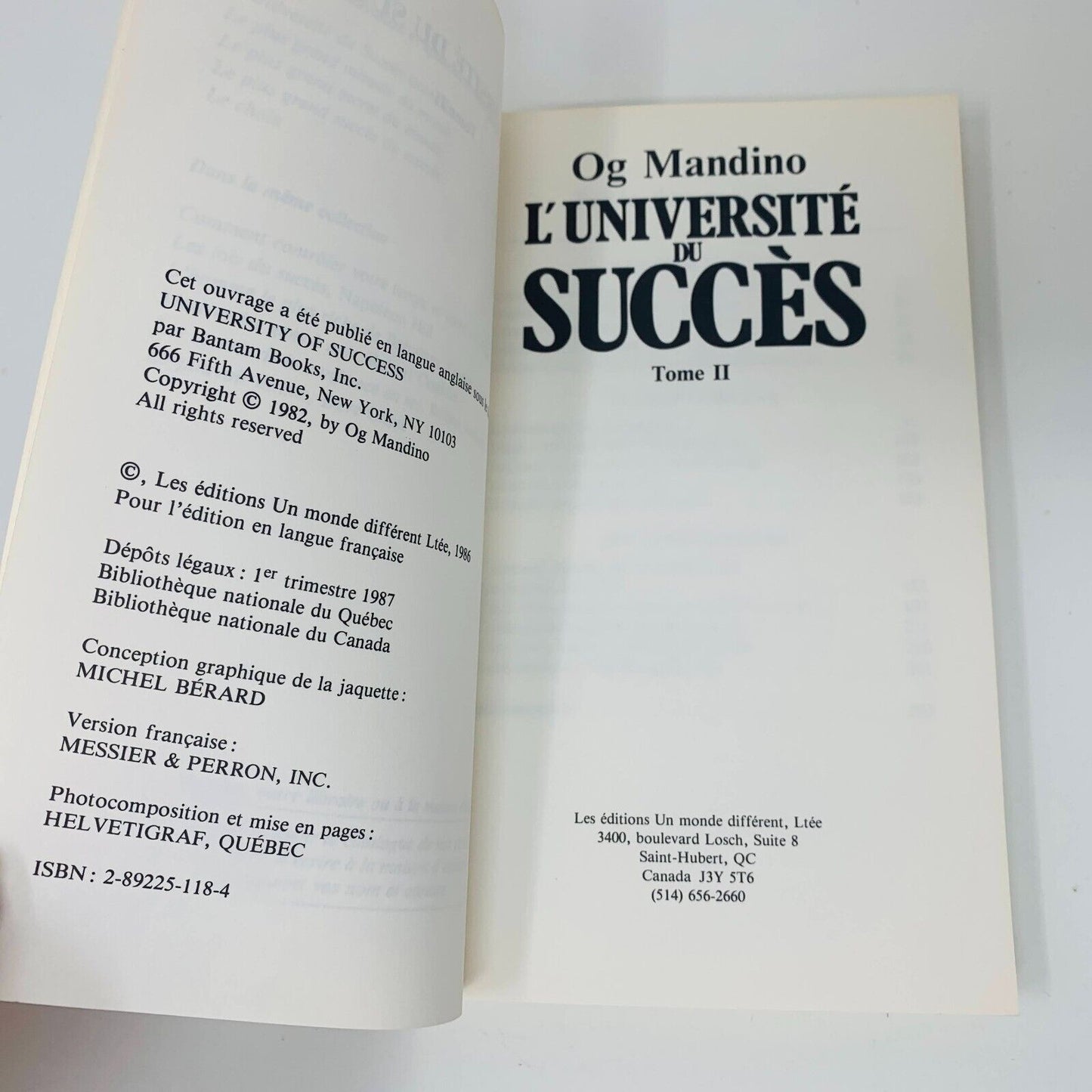 1987 L'Université du Succès Tome #2-3 Og Mandino Un Monde Différent Lot Livres