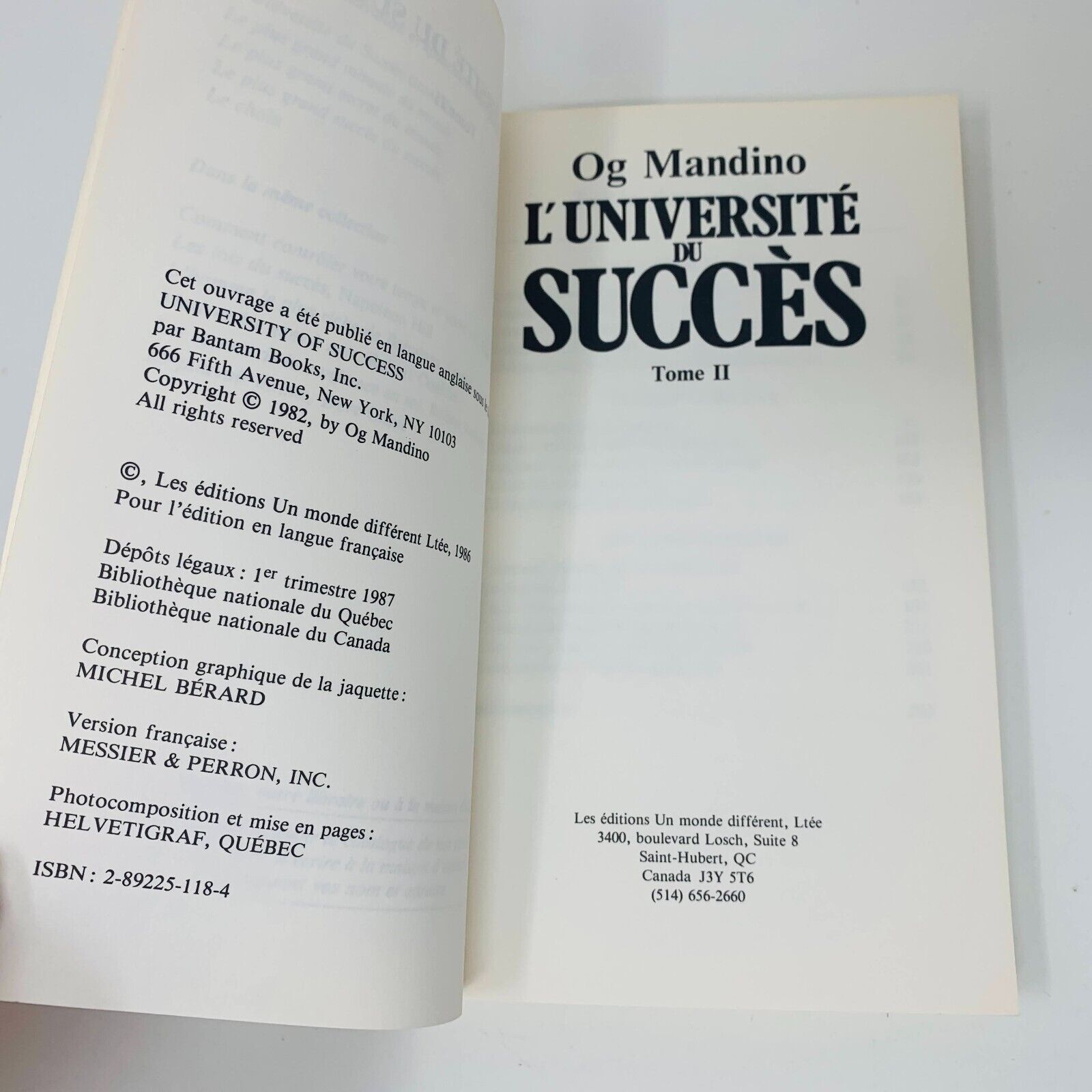 1987 L'Université du Succès Tome #2-3 Og Mandino Un Monde Différent Lot Livres