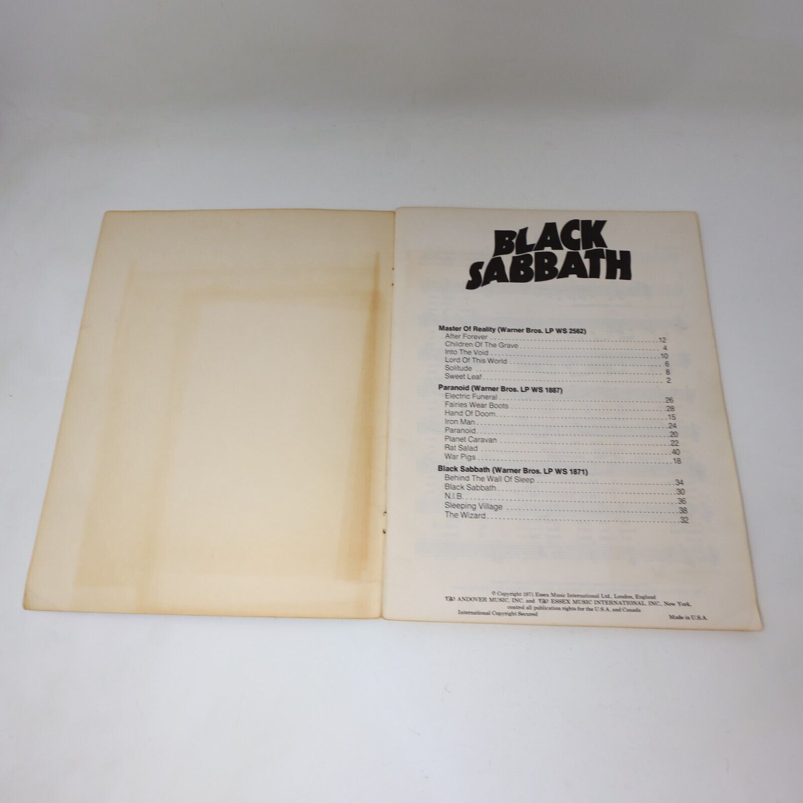 1971 Black Sabbath Songbook Guitar Master of Reality Ozzy Osborne Essex Music PB