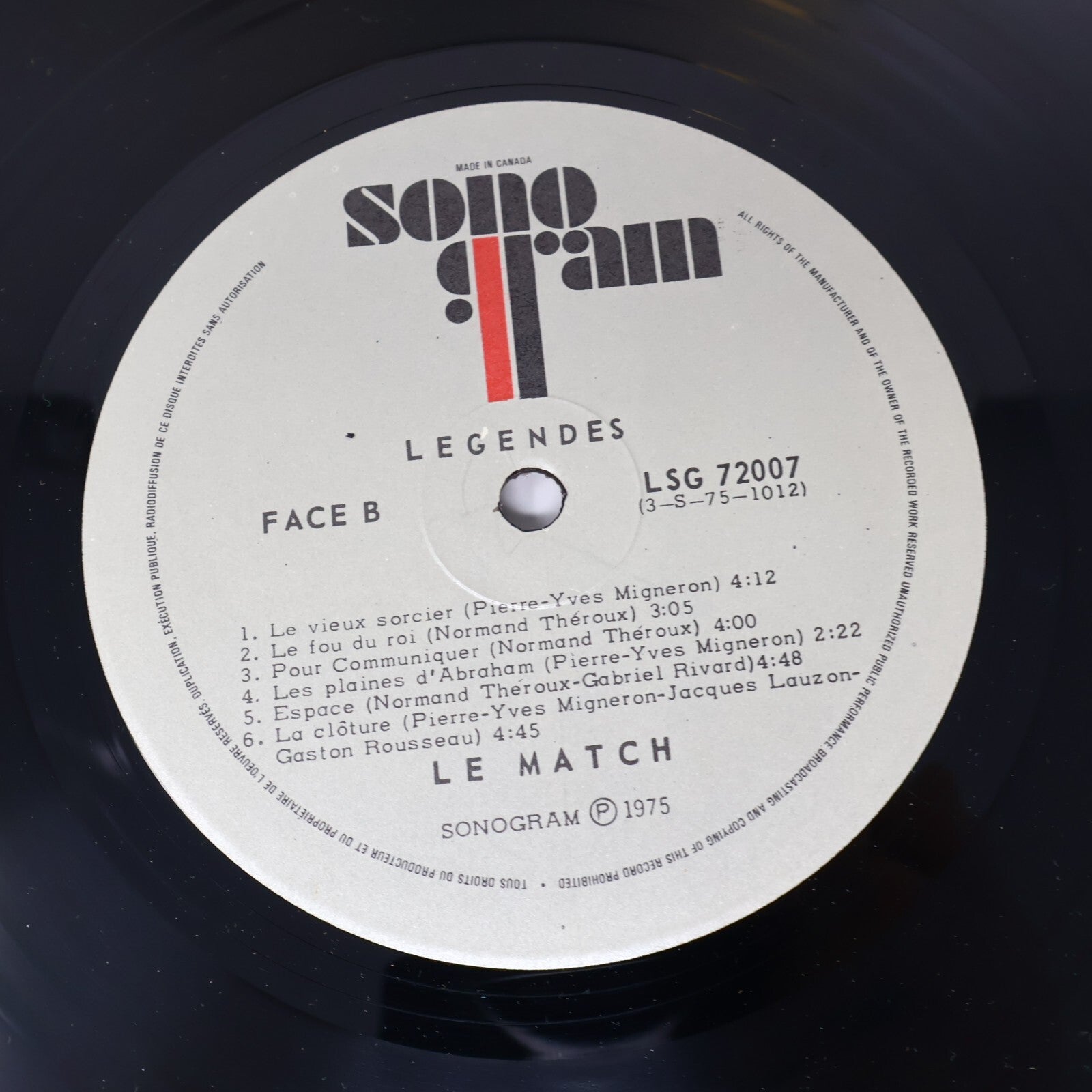 Le Match Légendes Disque LP Record Vinyl 1975 Prog Rock Sonogram LSG-72007