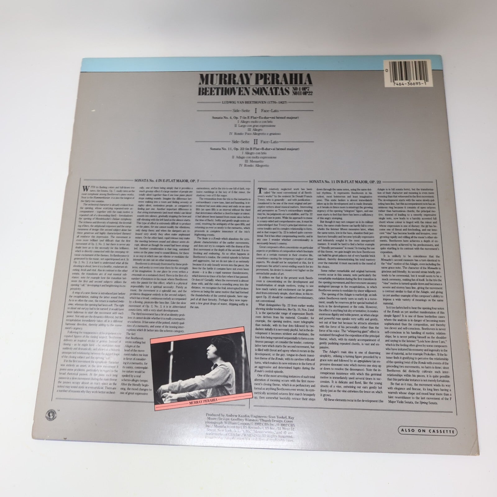 Beethoven Murray Perahia Sonatas No. 4 Op. 7 No 11 Op 22 LP Record Vinyl M 36695