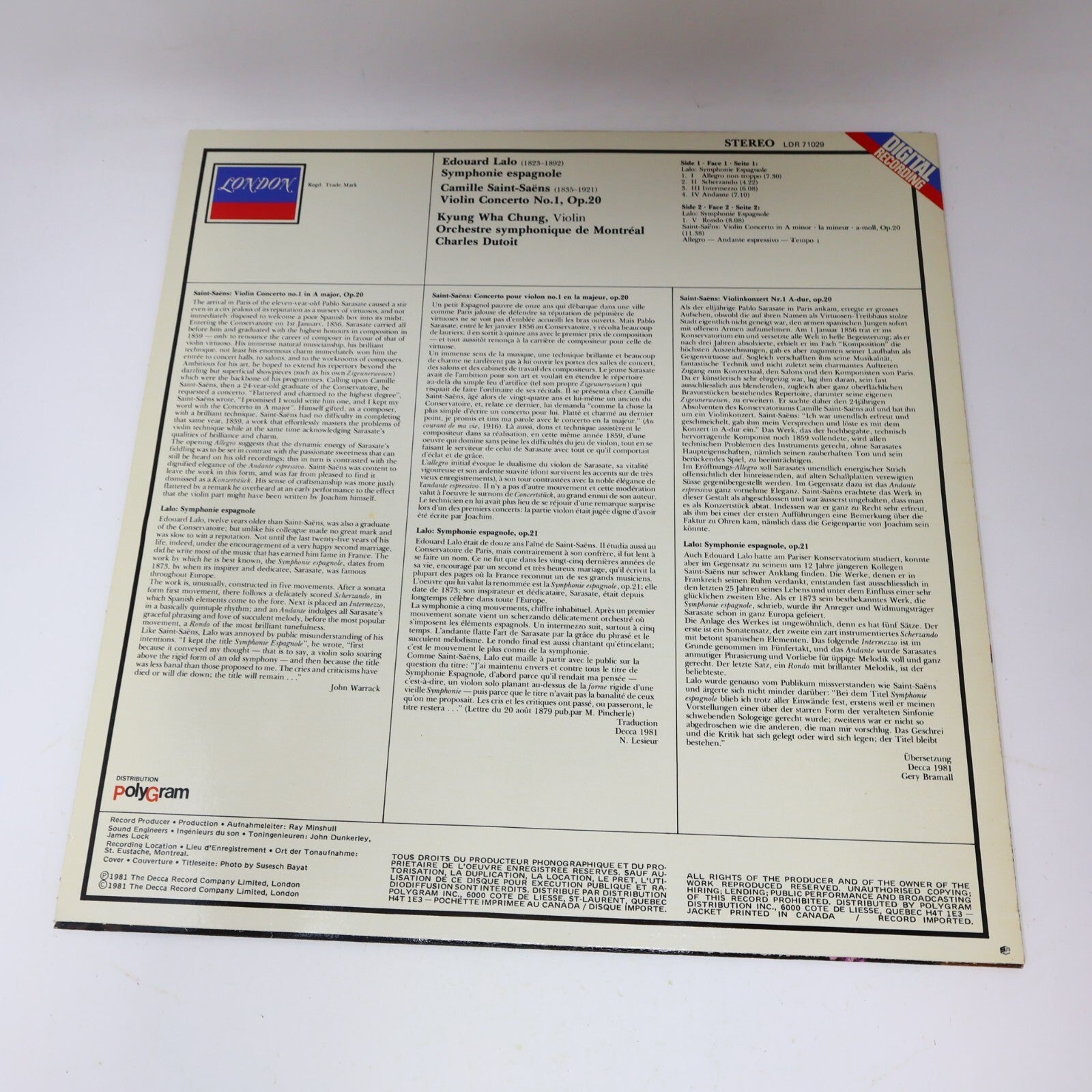 Kyung Wha Chung Symphonie Espagnole/Violin Concerto 1 Dutoit Record LDR 71029