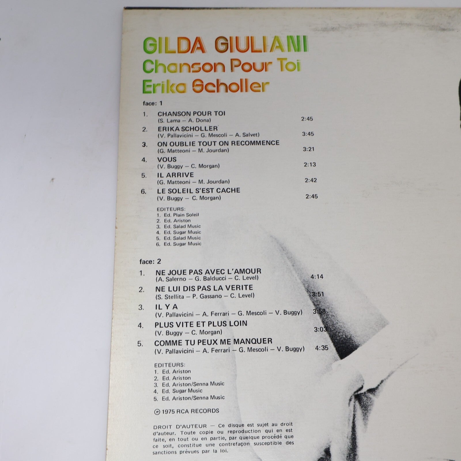 Gilda Giuliani Chanson pour toi Erika Scholler Disque LP 1975 Record KPL1 0091