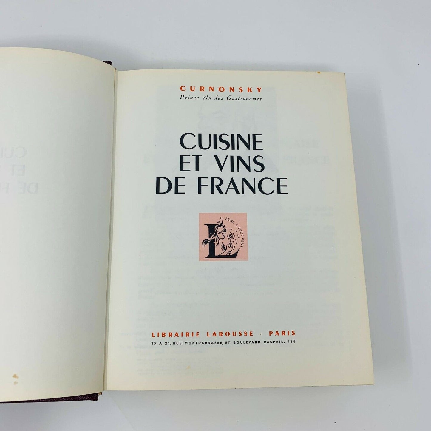 1953 Curnonsky Cuisine et Vins de France Larousse Livre de Recettes Cookbook