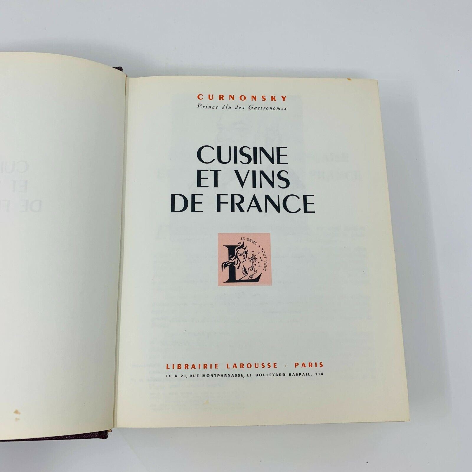 1953 Curnonsky Cuisine et Vins de France Larousse Livre de Recettes Cookbook