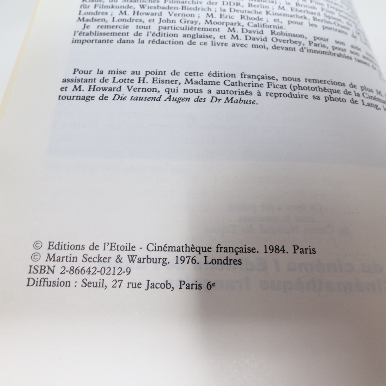 1984 Cahiers du Cinéma Fritz Lang Biographie Cinématographie de Lotte H. Eisner