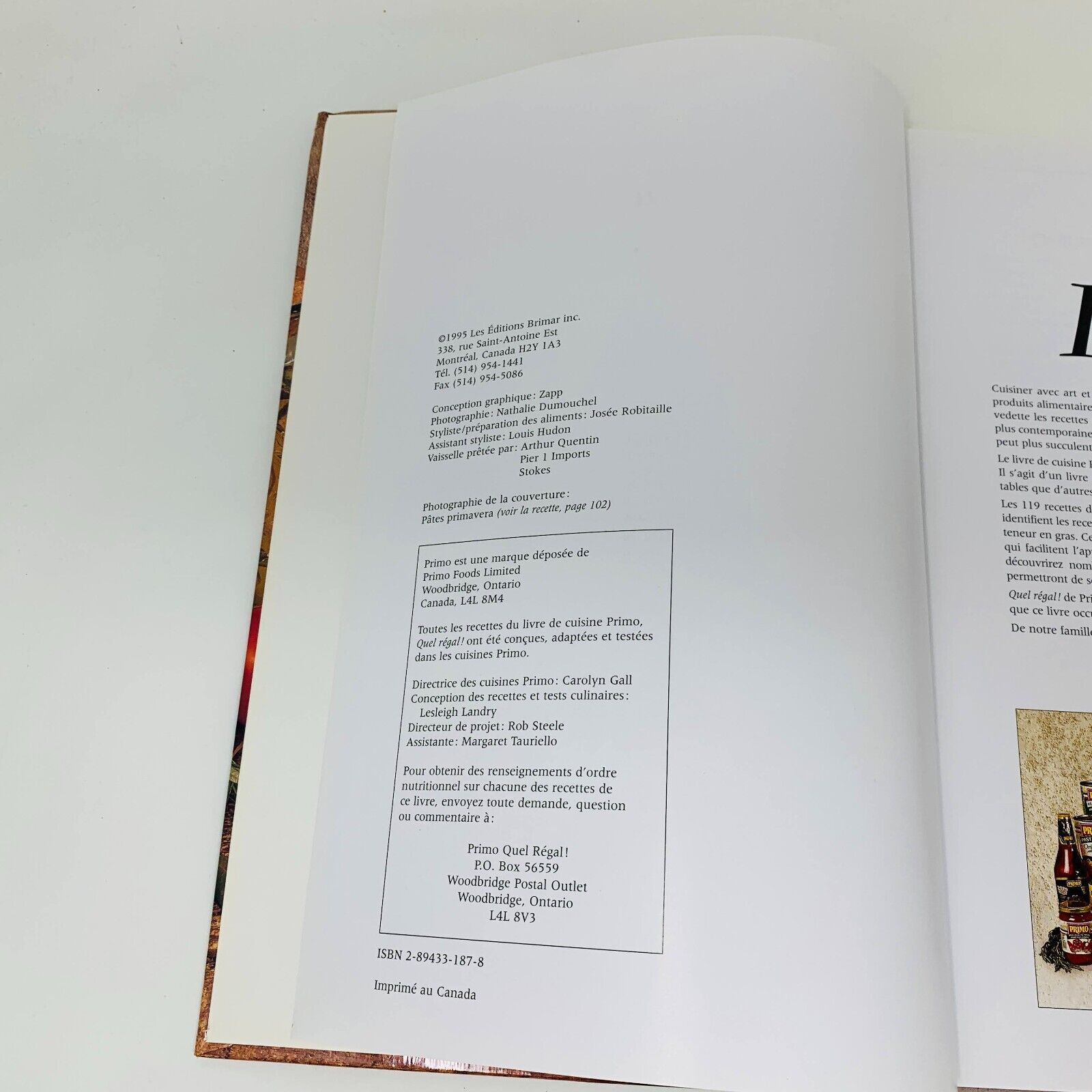 1995 Primo Quel Régal! Livre de Recettes Cuisine Vintage en Français Brimar HC