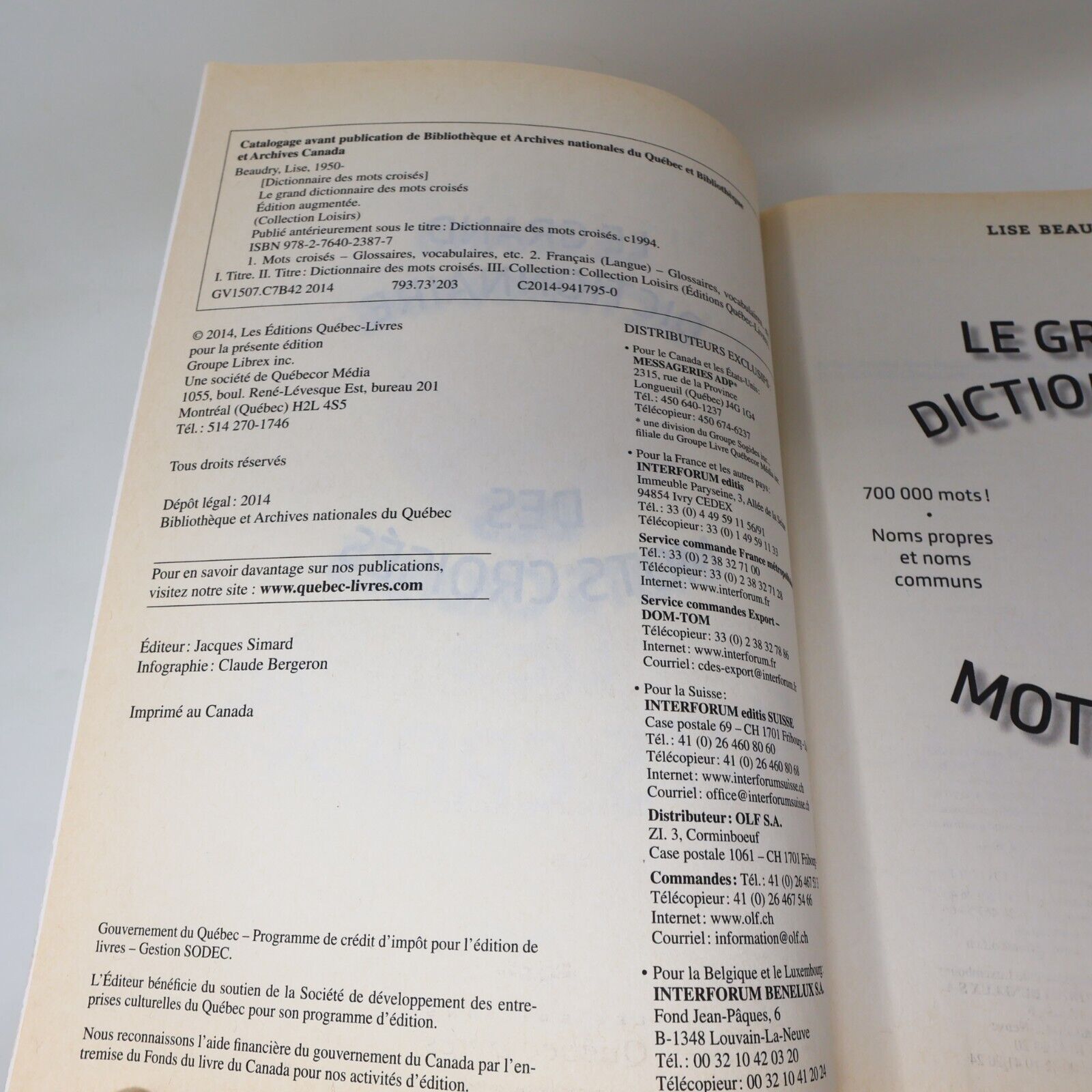2014 Le Grand Dictionnaire des Mots Croisés Édition Augmentée Lise Beaudry Livre
