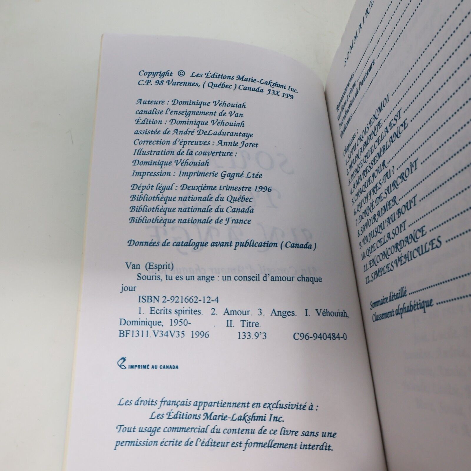 1999 Souris Tu Es un Ange Van Marie Lakshmi Français Paperback Ésotérisme Livre