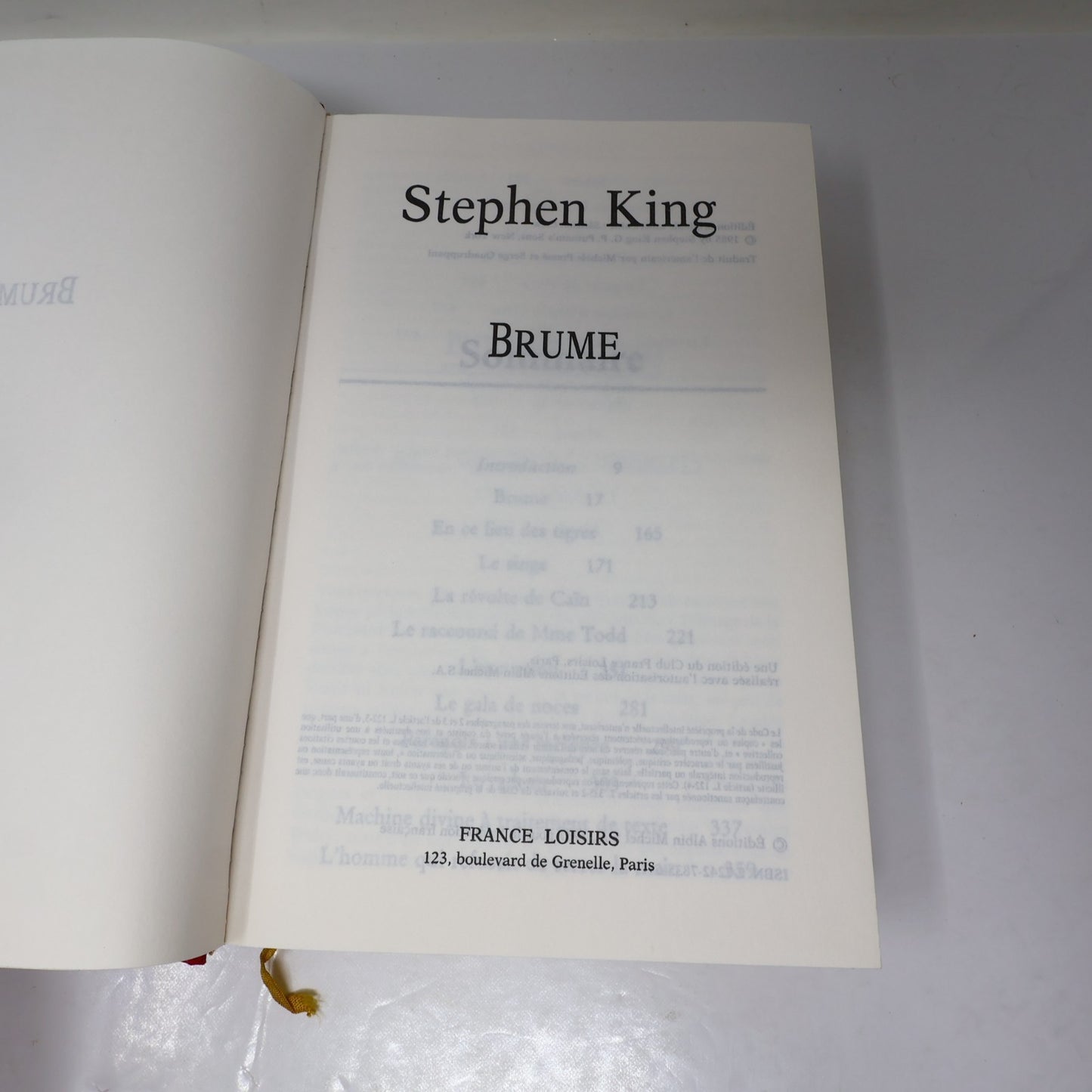 Brume Stephen King France Loisirs 1994 HC DJ Français/French Horreur Thriller