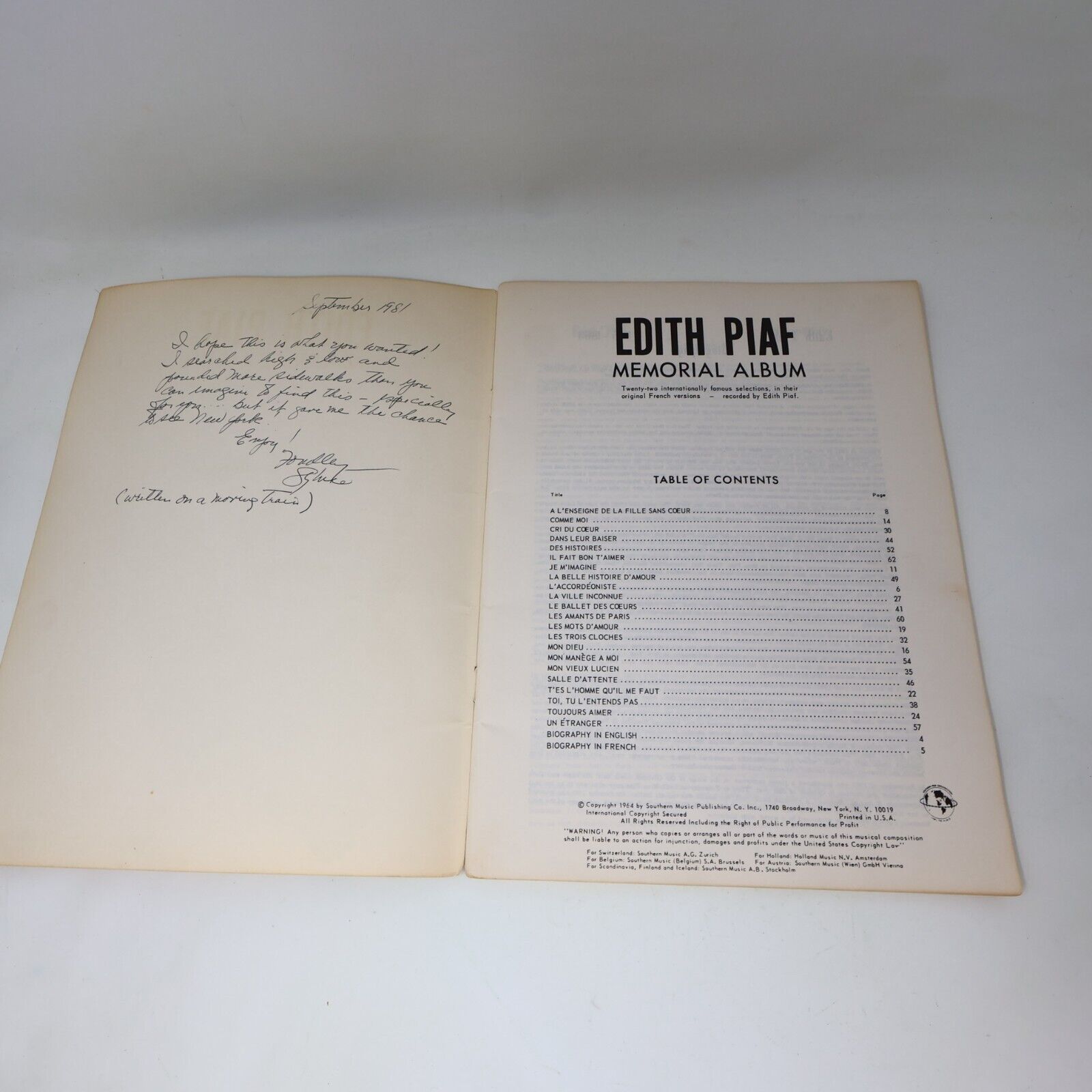 1964 Edith Piaf Album Commémoratif Peer Southern Paperback Songbook Partitions