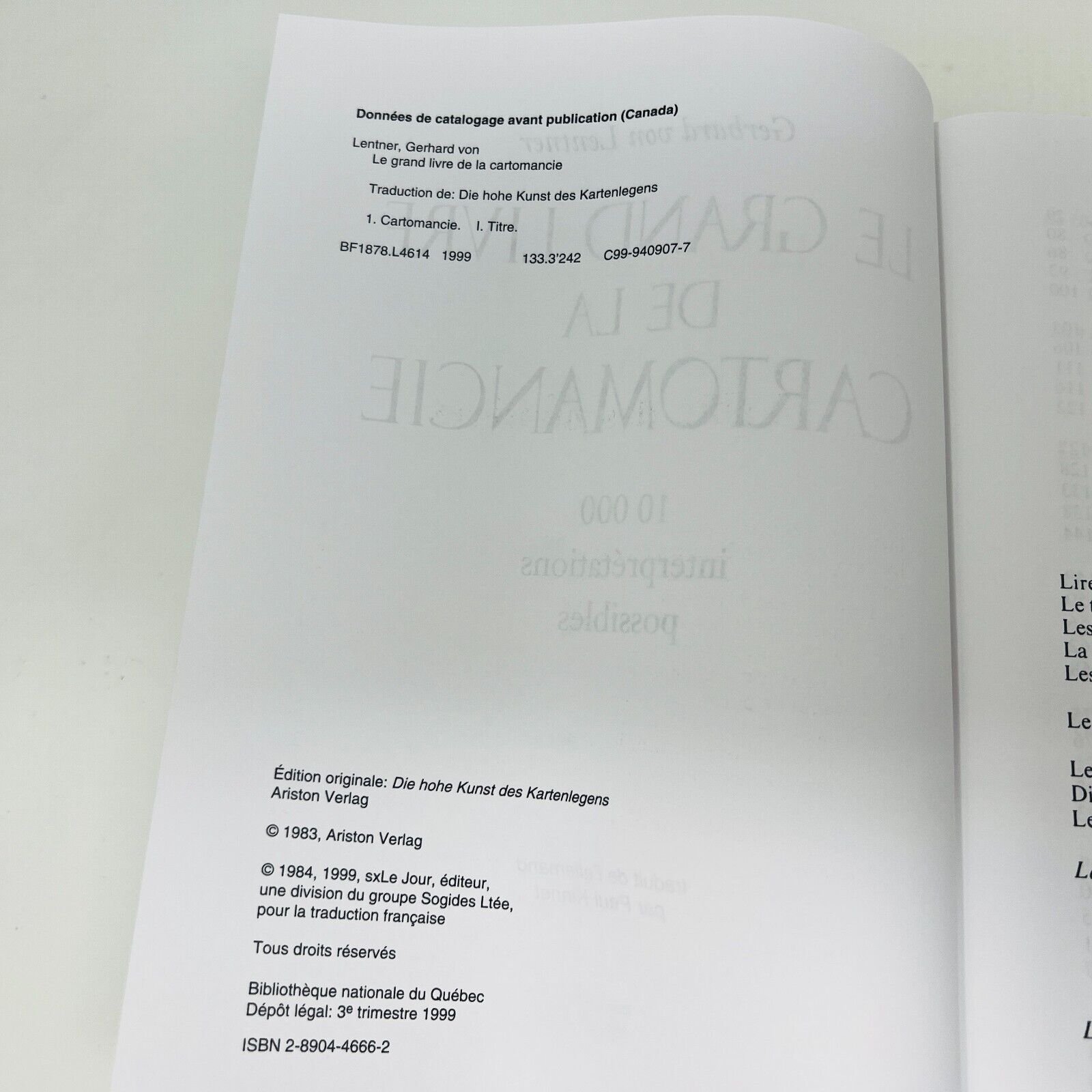 1999 Le Grand Livre de la Cartomancie de Gerhard von Lentner en Français Avenir