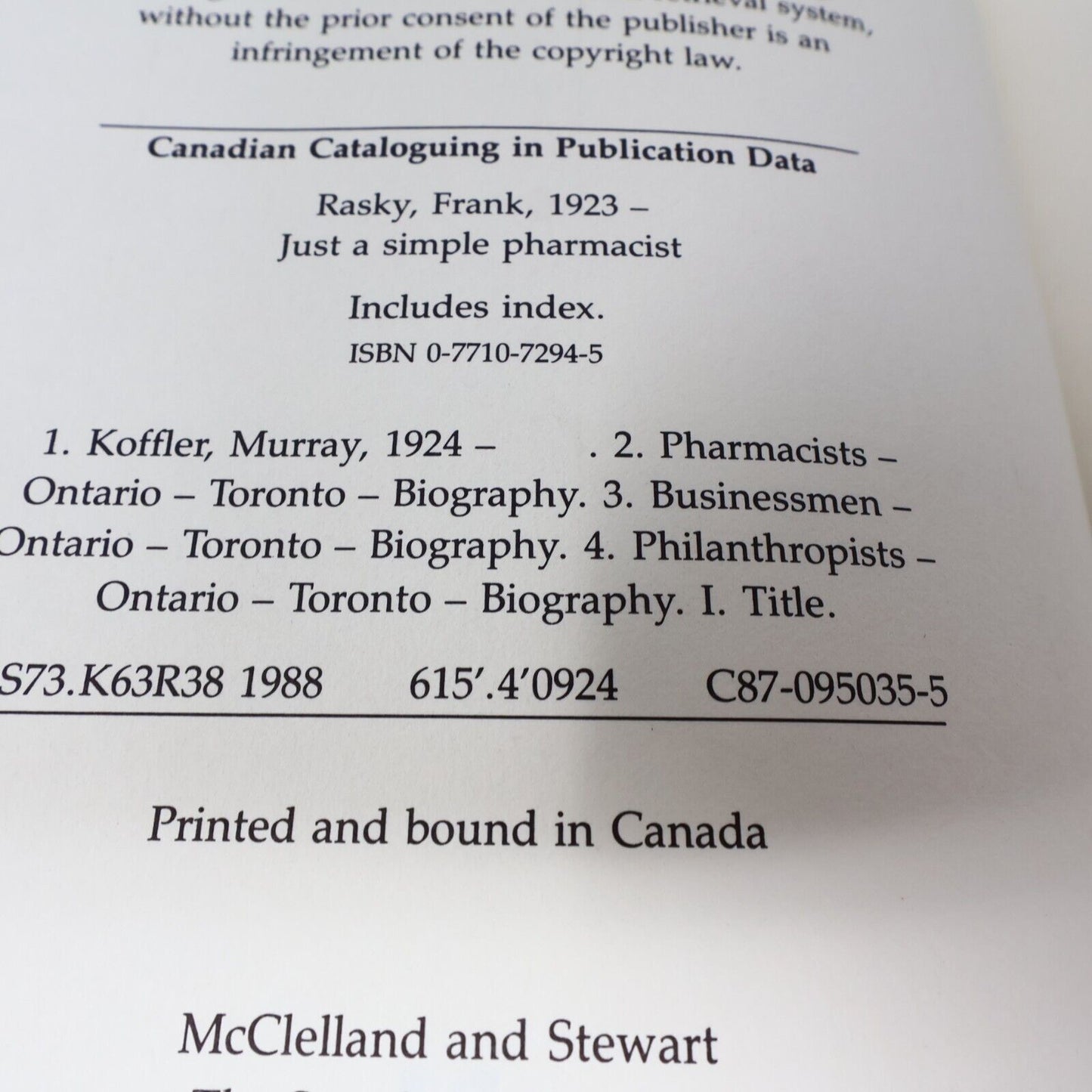 1988 Just A Simple Pharmacist by Frank Rasky Hardcover HC M&S Murray Koffler 80s