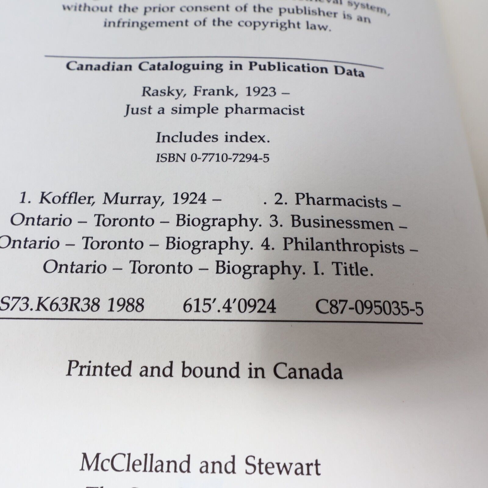1988 Just A Simple Pharmacist by Frank Rasky Hardcover HC M&S Murray Koffler 80s