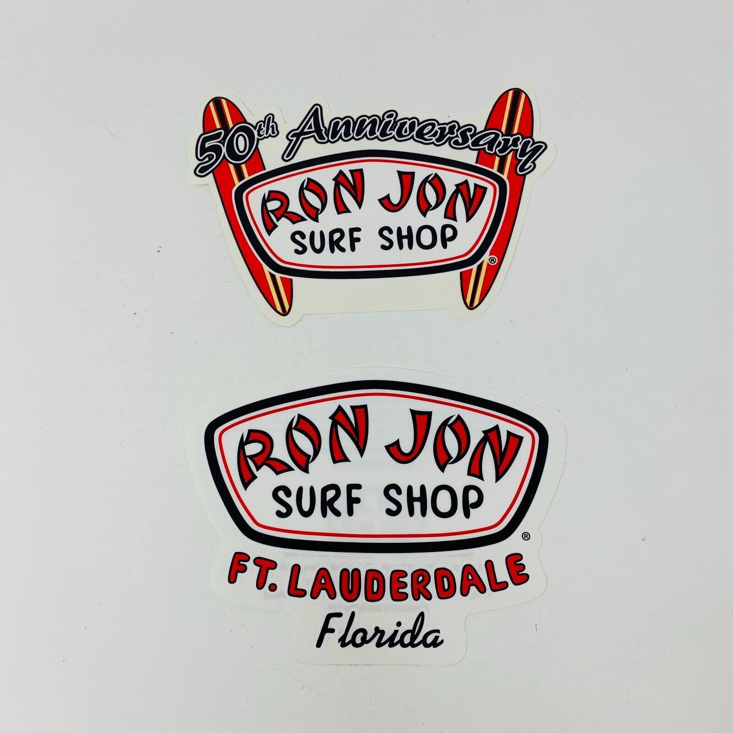 Lot of 2 Ron Jon Surf Shop Stickers 50th Anniversary/FT. Lauderdale Florida