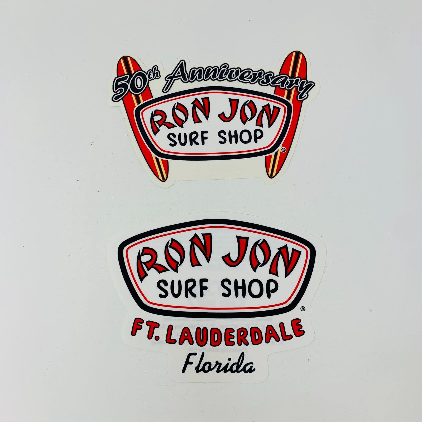 Lot of 2 Ron Jon Surf Shop Stickers 50th Anniversary/FT. Lauderdale Florida