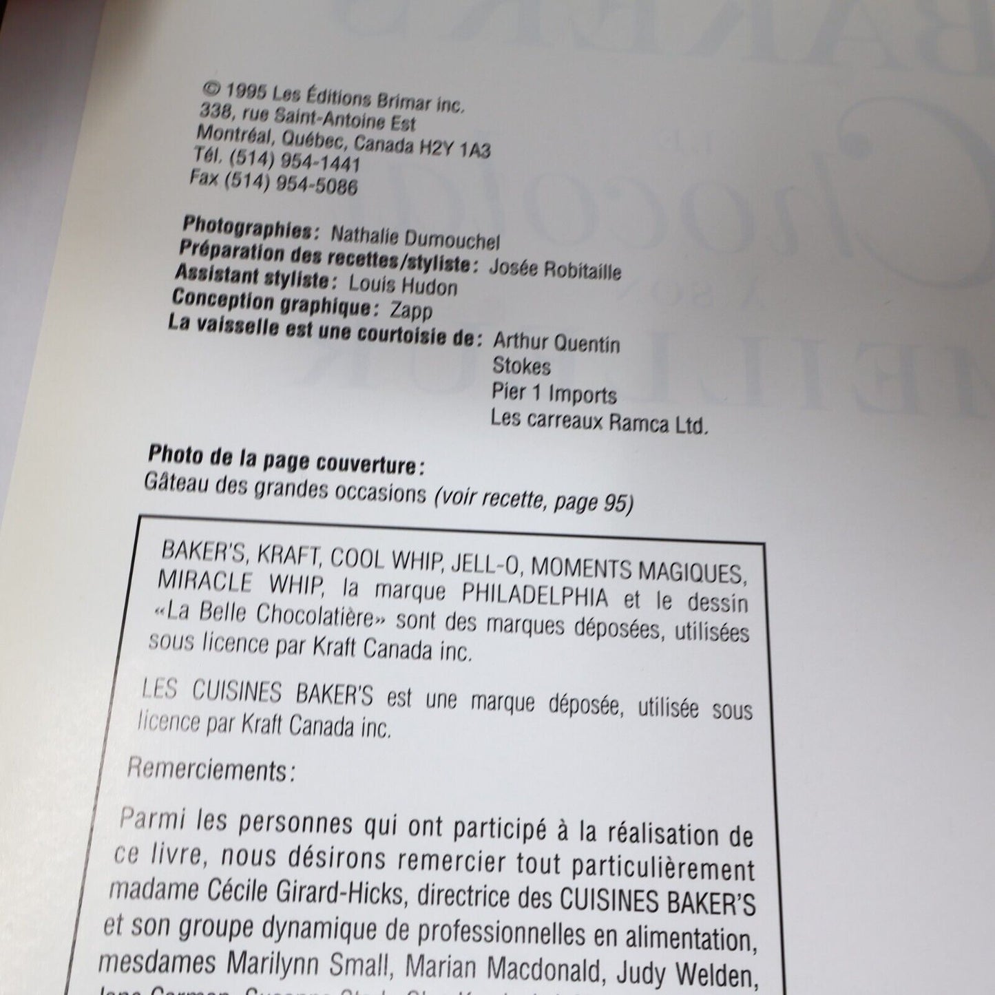 1995 Baker's le Chocolat à son Meilleur Desserts Cuisine Recettes Brimar Livre