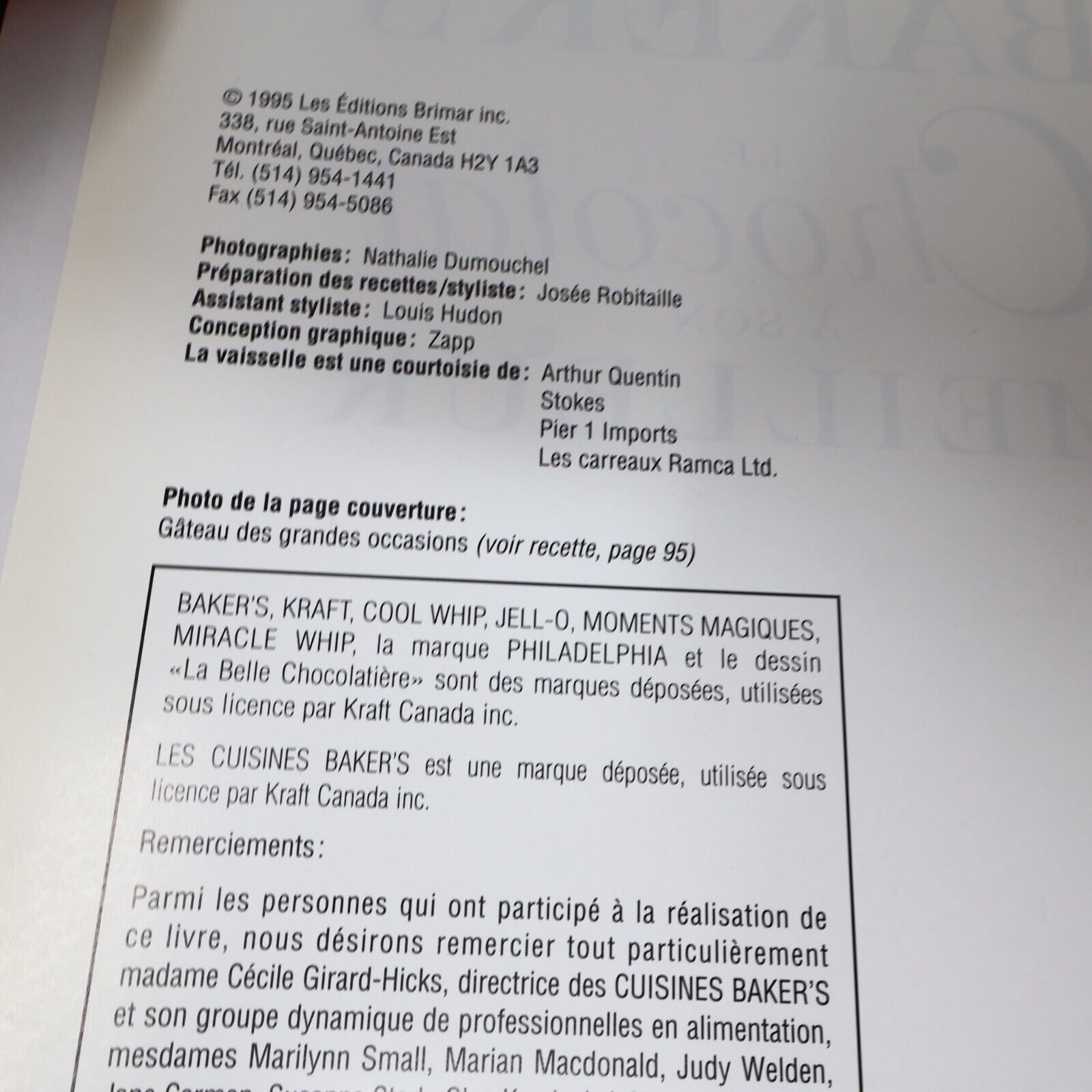 1995 Baker's le Chocolat à son Meilleur Desserts Cuisine Recettes Brimar Livre