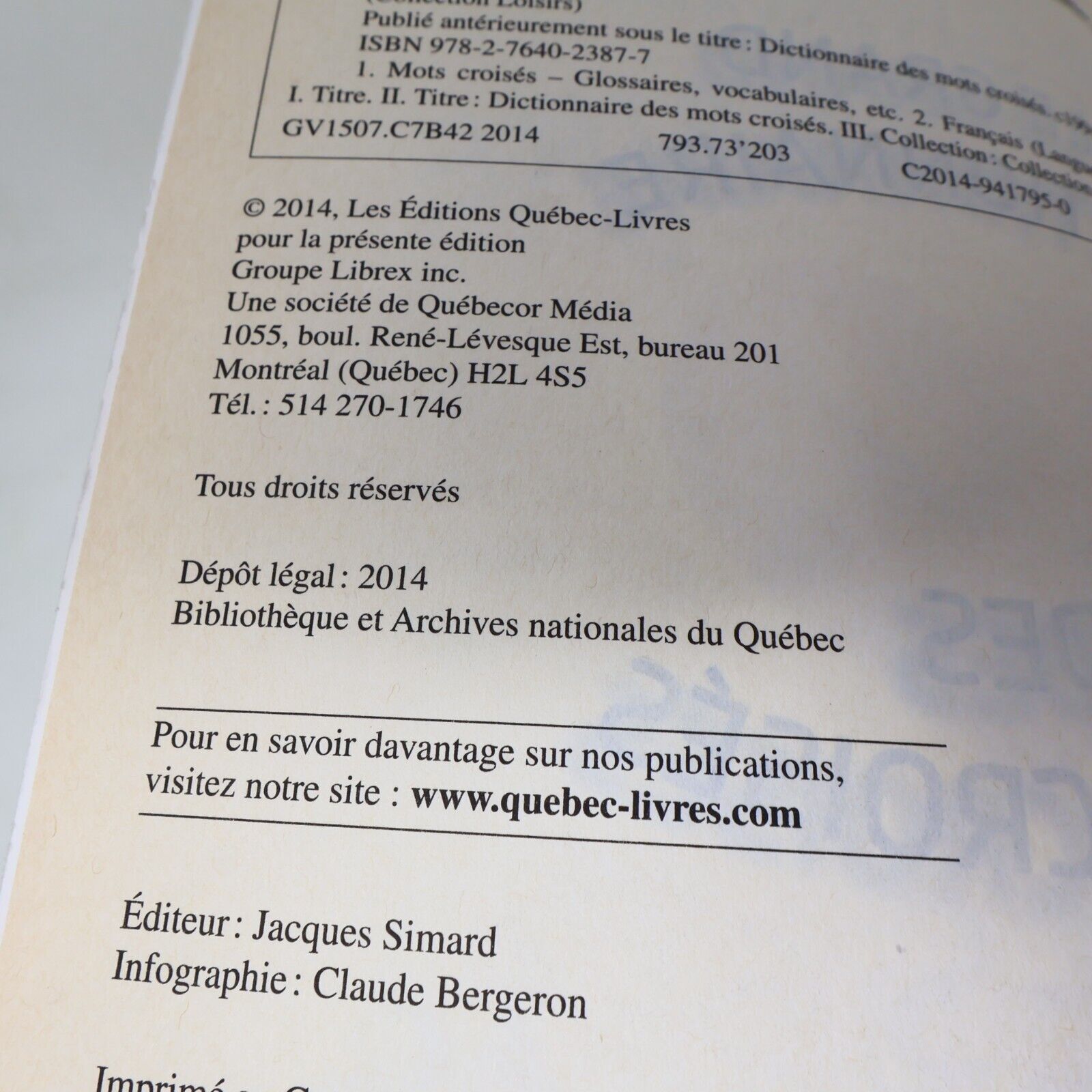 2014 Le Grand Dictionnaire des Mots Croisés Édition Augmentée Lise Beaudry Livre