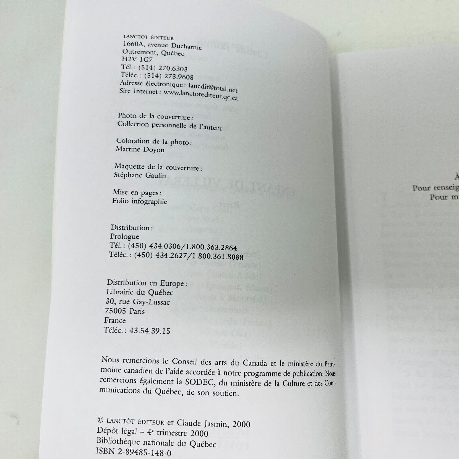 2001 Enfant De Villeray de Claude Jasmin Livre Lanctôt Montréal Biographie