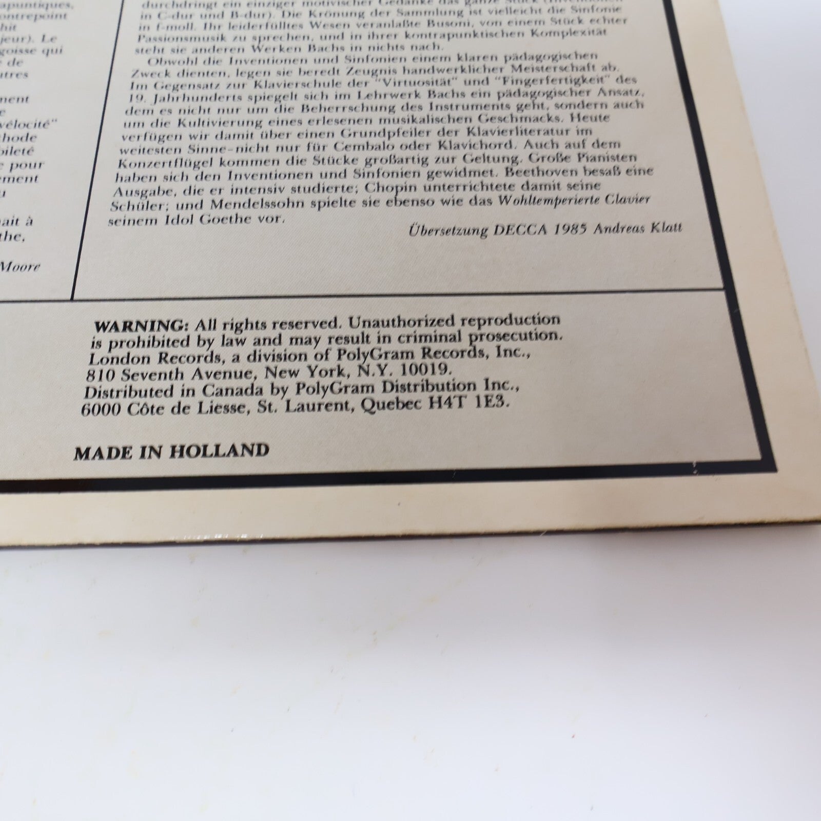 J.S. Bach András Schiff Two-Part/Three-Part Inventions Piano LP Record 411 974-1