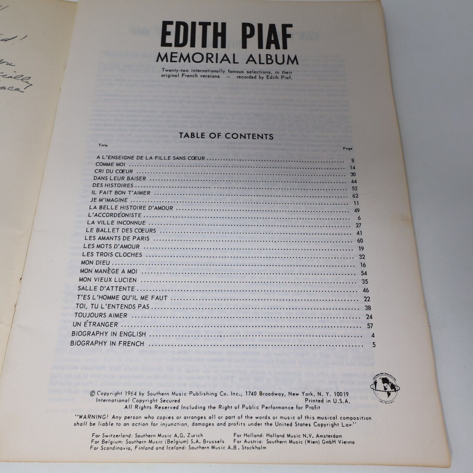 1964 Edith Piaf Album Commémoratif Peer Southern Paperback Songbook Partitions