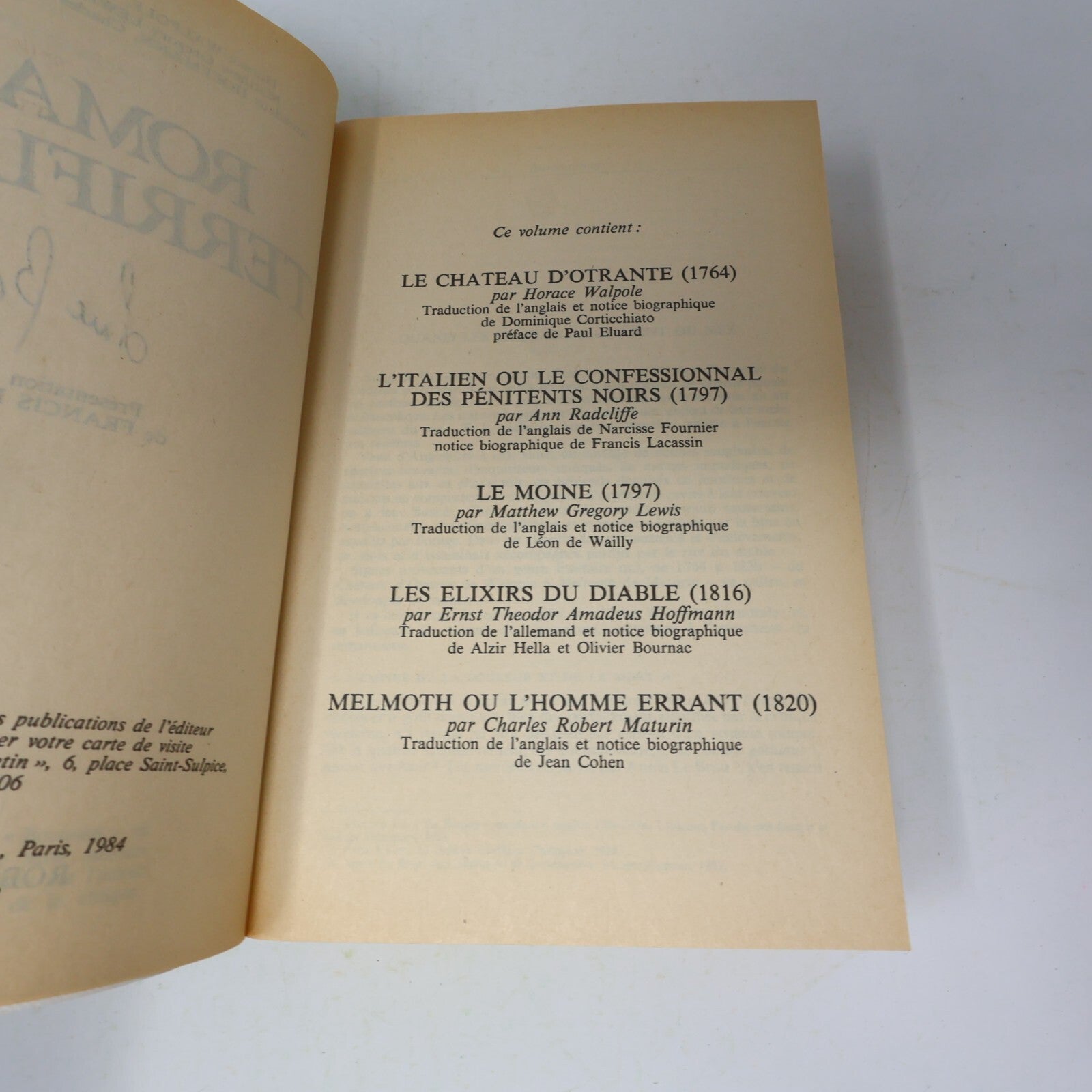 Romans Terrifiants Bouquins Le Château d'Otrante Le Moine 1984 Robert Laffont PB