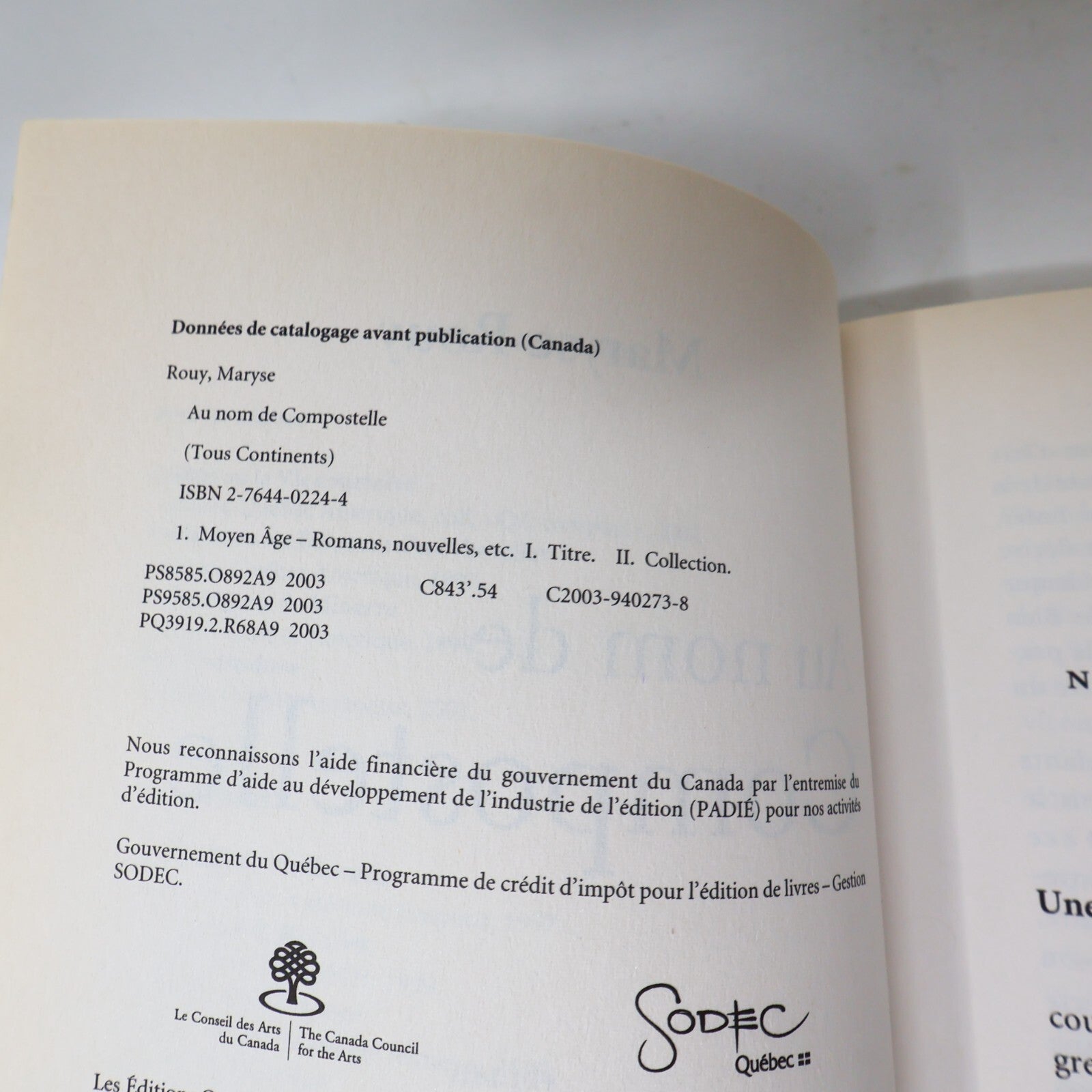 2003 Au Nom de Compostelle Maryse Rouy Québec Amérique Fiction Historique Livre