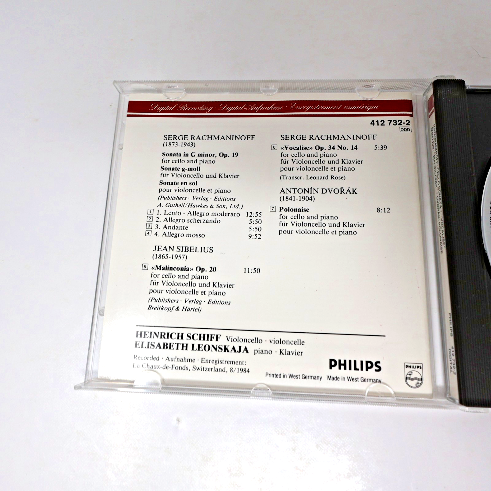 Rachmaninoff/Dvořák/Sibelius Cello Sonata/Vocalise CD Heinrich Schiff/Leonskaja