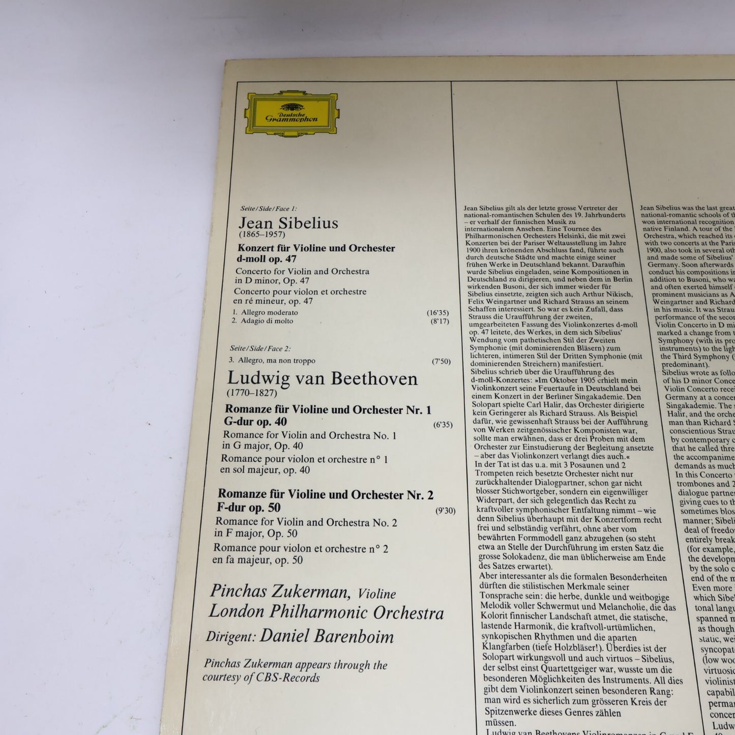 Pinchas Zukerman Daniel Barenboim Sibelius Beethoven Violin LP Record 2530 552