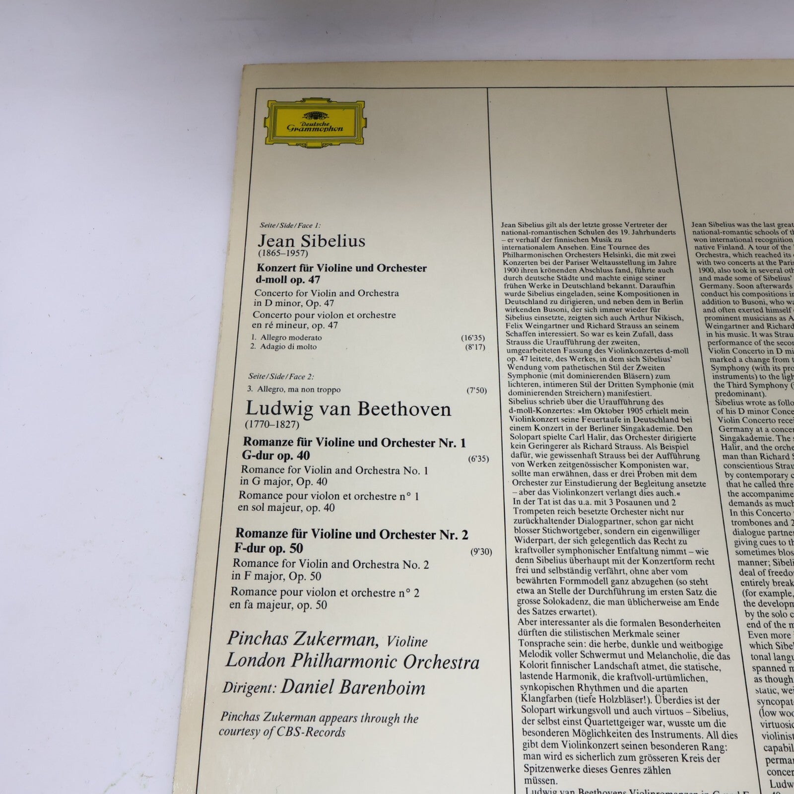 Pinchas Zukerman Daniel Barenboim Sibelius Beethoven Violin LP Record 2530 552