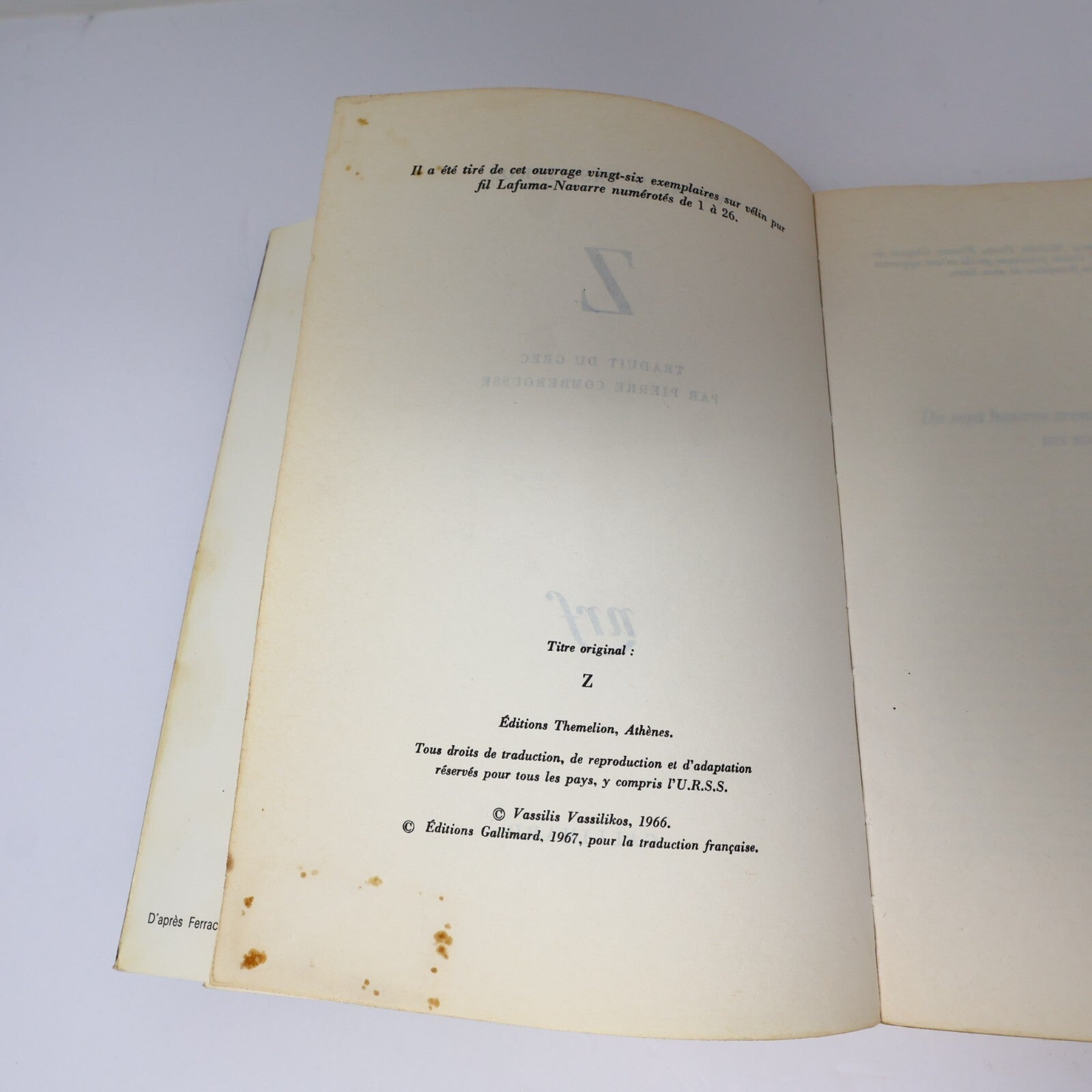 Vassilis Vassilikos Lot 2 Livres Gallimard/Nrf L'Eau de Kos/Z Fiction Historique