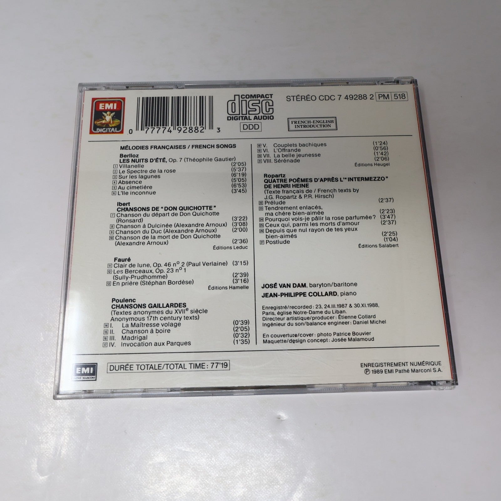 Mélodies Françaises CD José Van Dam/Collard Berlioz/Fauré/Ibert/Poulenc/Ropartz