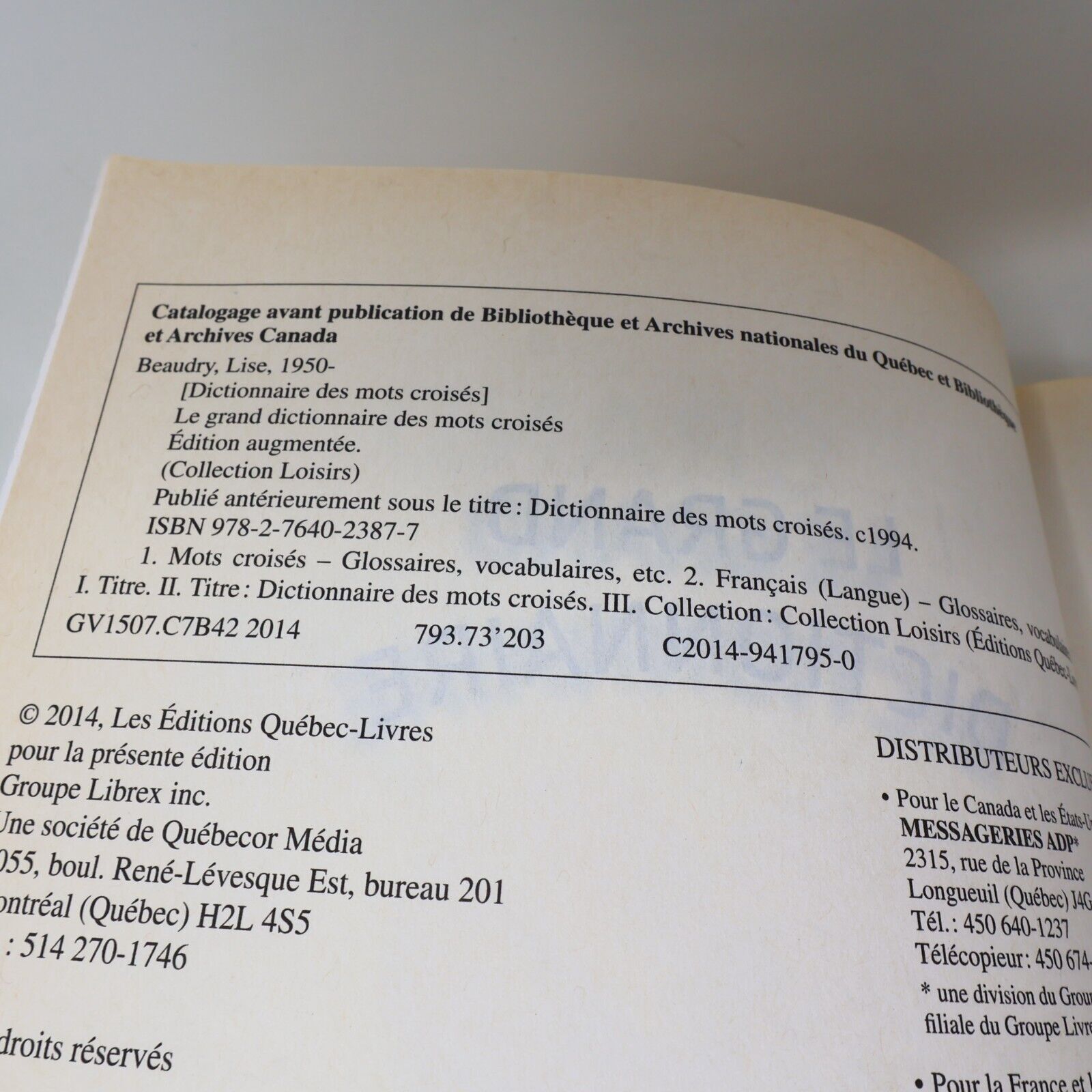 2014 Le Grand Dictionnaire des Mots Croisés Édition Augmentée Lise Beaudry Livre