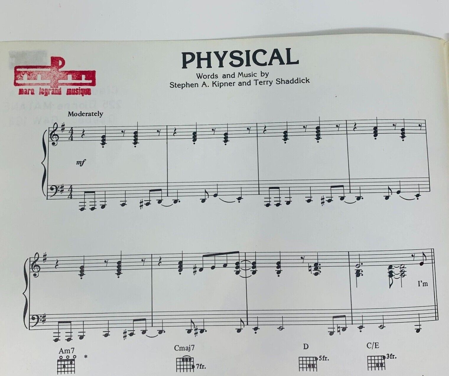 1981 Olivia Newton John Physical Sheet Music Steve Kipner & Shaddick Cherry Lane