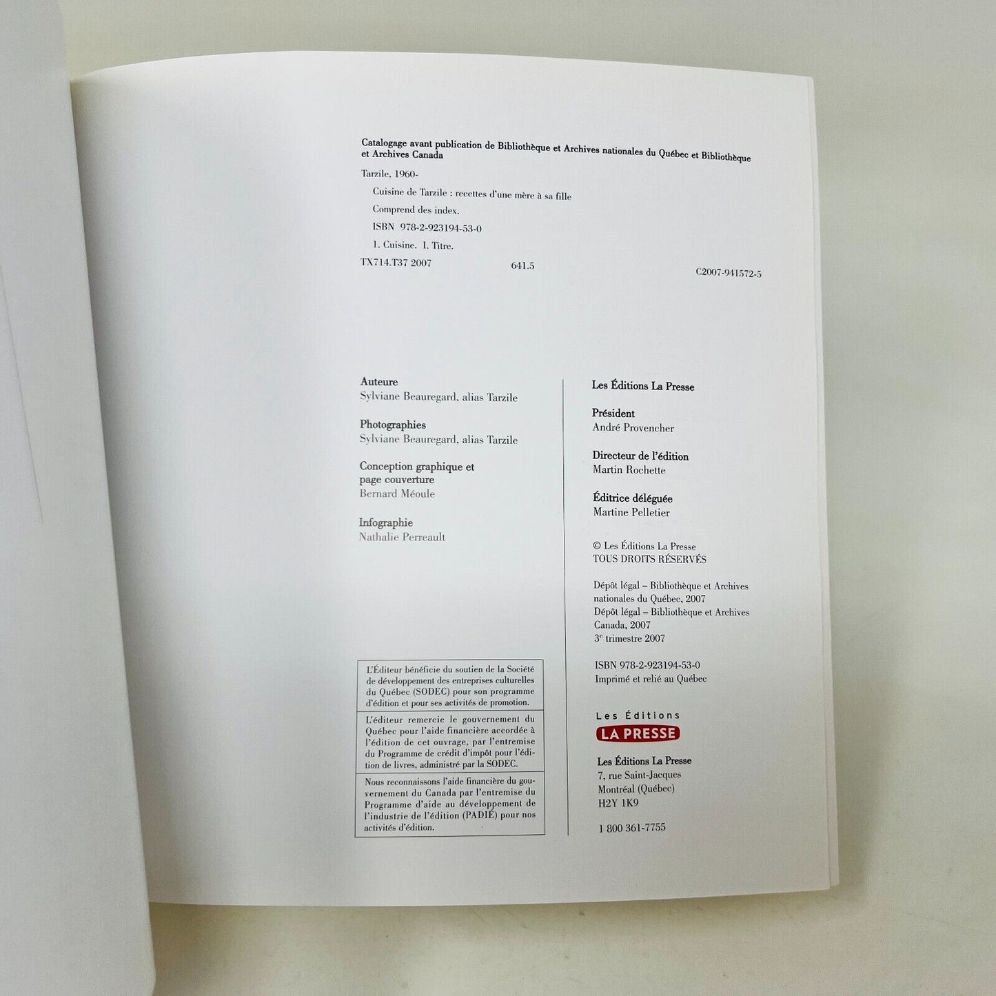 2007 Cuisine de Tarzile de Sylviane Beauregard Livre Recettes La Presse Français