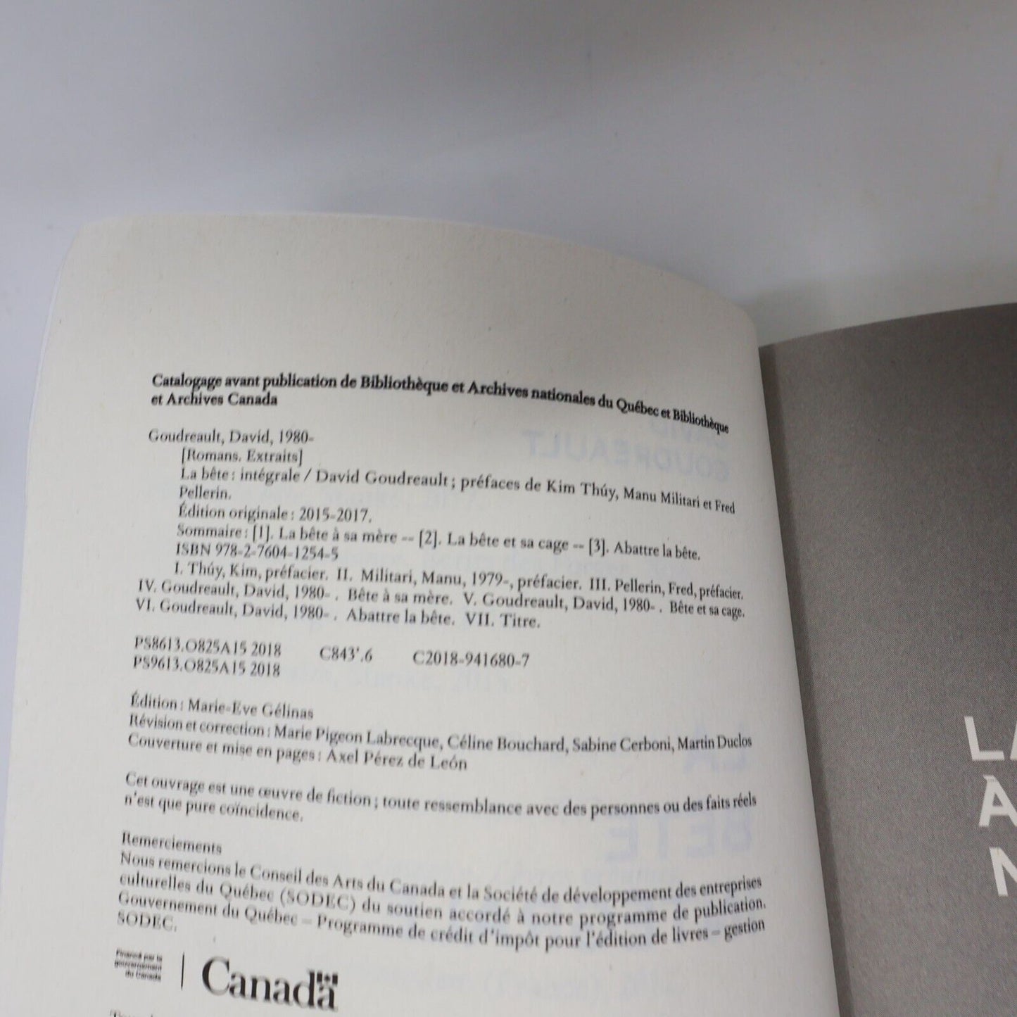 2018 La Bête Intégrale David Goudreault Littérature Québécoise Roman Stanké PB