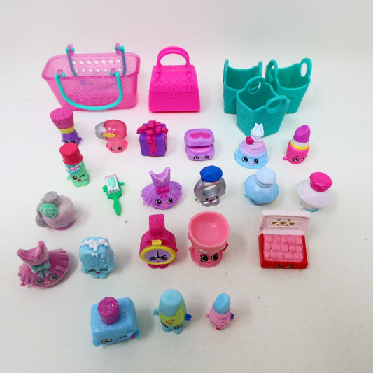Lot of 21 Shopkins Figures Toys Mixed Makeup Parfume Dresses Gifts Baskets Moose
