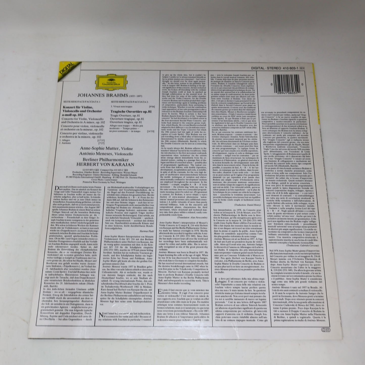 Herbert von Karajan Brahms Mutter Meneses Double Concerto LP Record 410 603-1