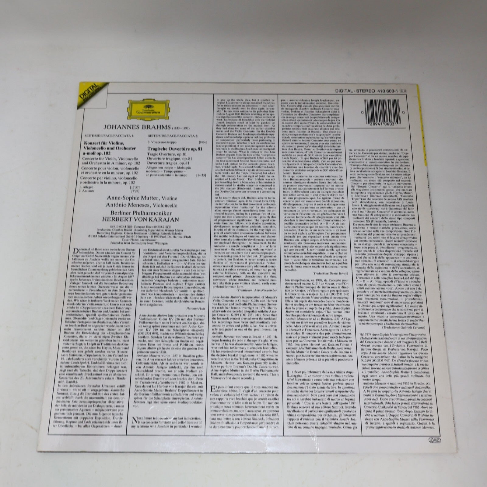 Herbert von Karajan Brahms Mutter Meneses Double Concerto LP Record 410 603-1