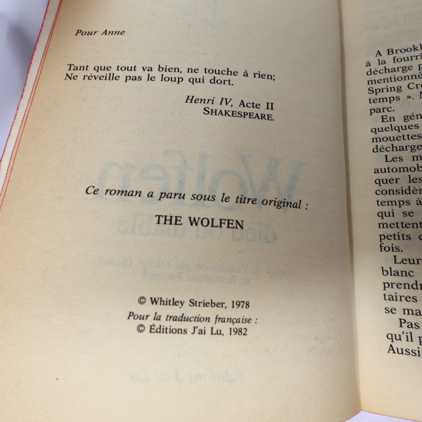 Wolfen Dieu ou Diable Whitley Strieber J'ai Lu 1982 Horreur Thriller Fantaisie