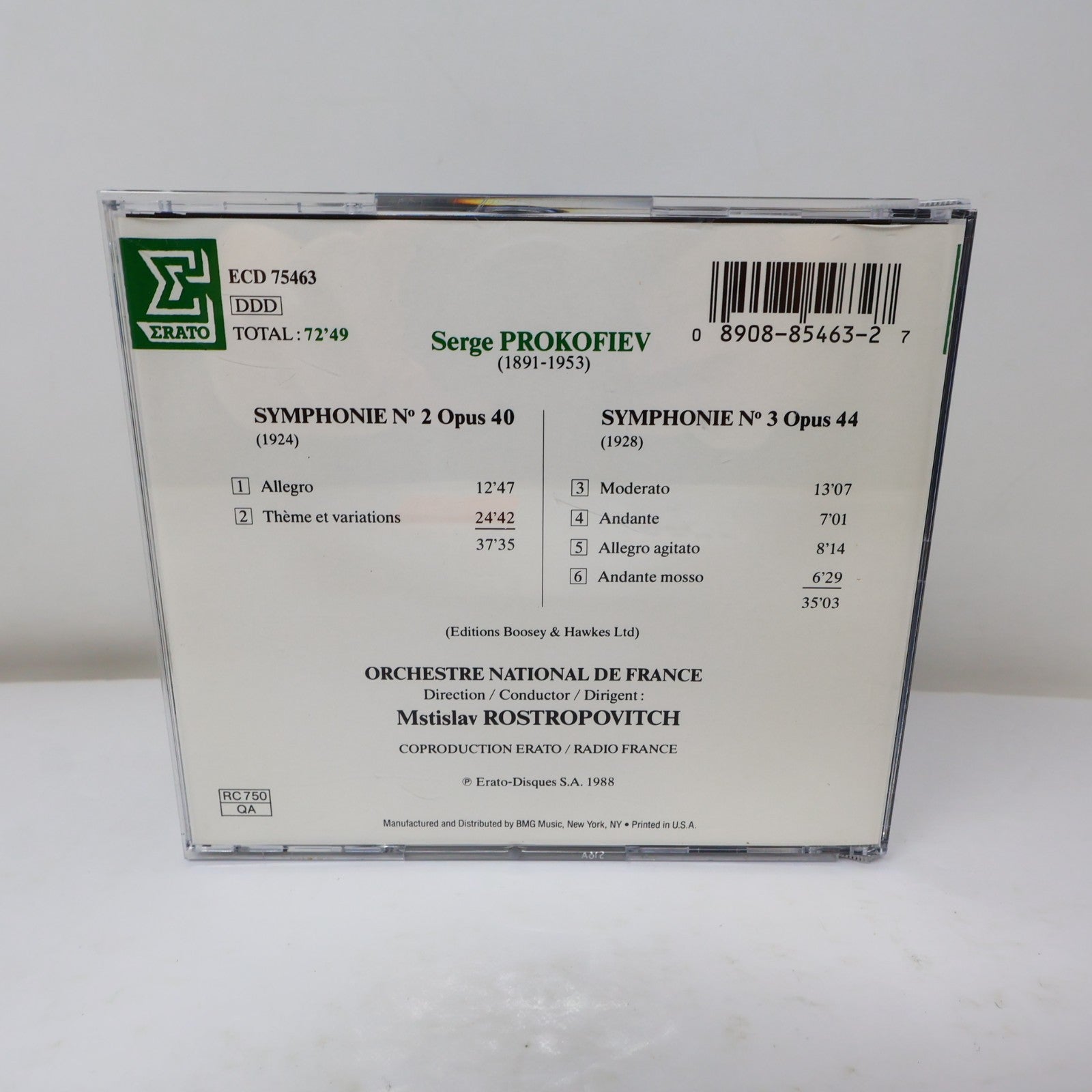 Prokofiev Symphonies N° 2 Op. 40 - N° 3 Op. 44 CD Mstislav Rostropovich Erato