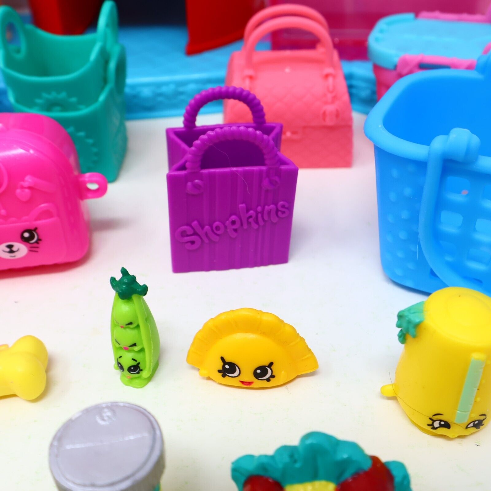 Lot of 20 Shopkins Figures + Sweet Spot Candy Shop Toys Baskets Mixed Moose