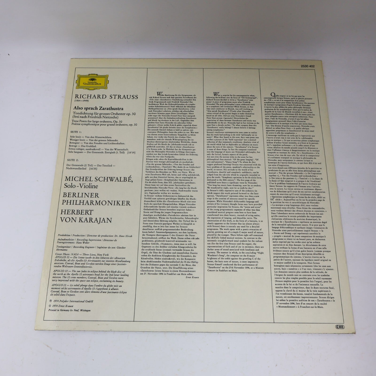 Herbert von Karajan Also Sprach Zarathustra Schwalbé LP Record Vinyl 2530 402