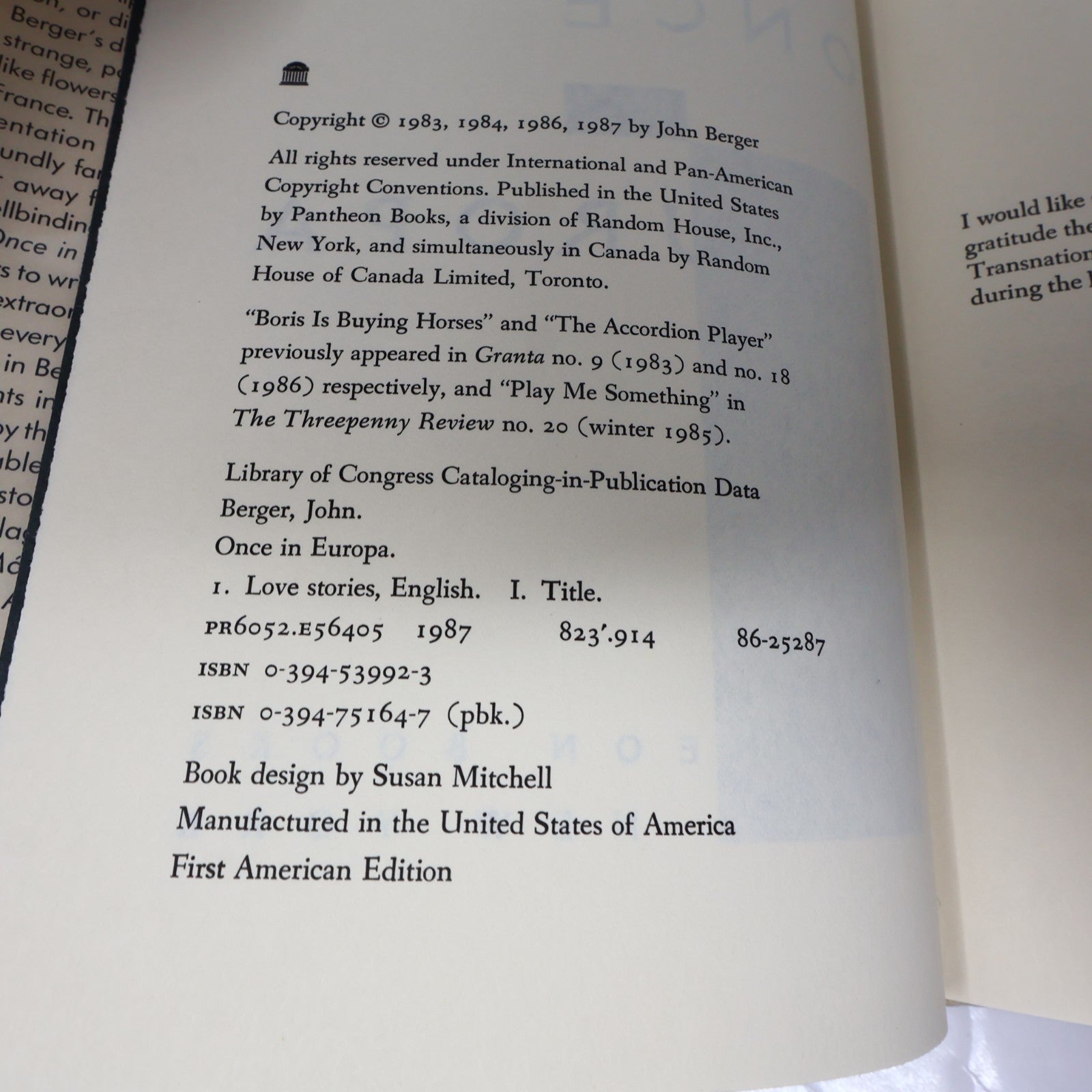 Once in Europa John Berger 1987 HC Litterature 1st Edition Hardcover Book 80s DJ