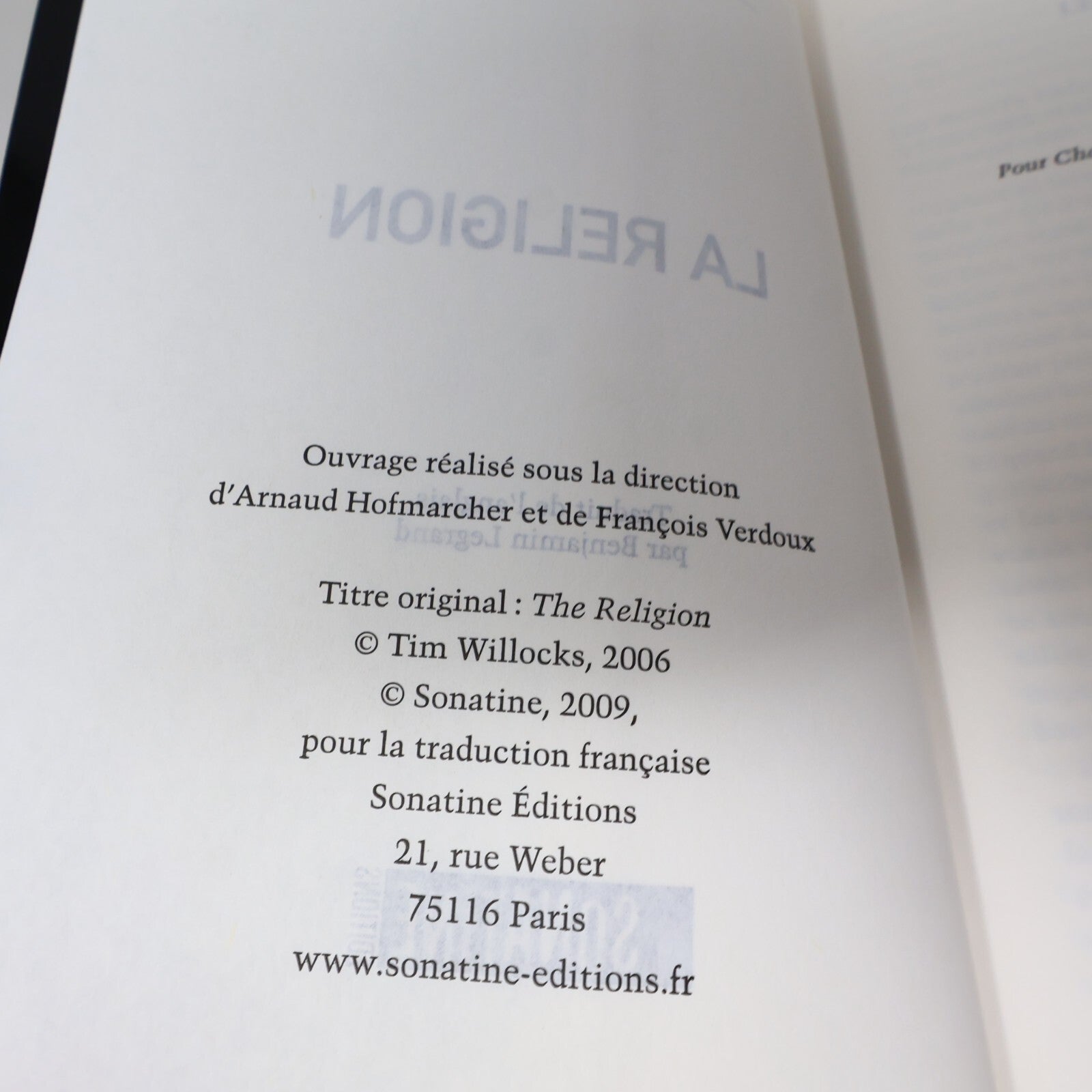 2009 La Religion Tim Willocks Sonatine Fiction Historique Français Paperback PB