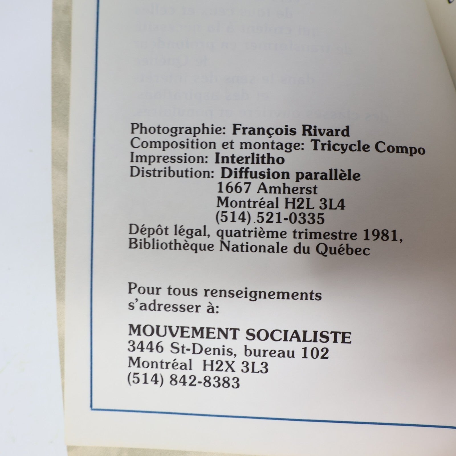 1981 Pour un Québec Socialiste Le Comité des Cent Mouvement Socialiste Politique