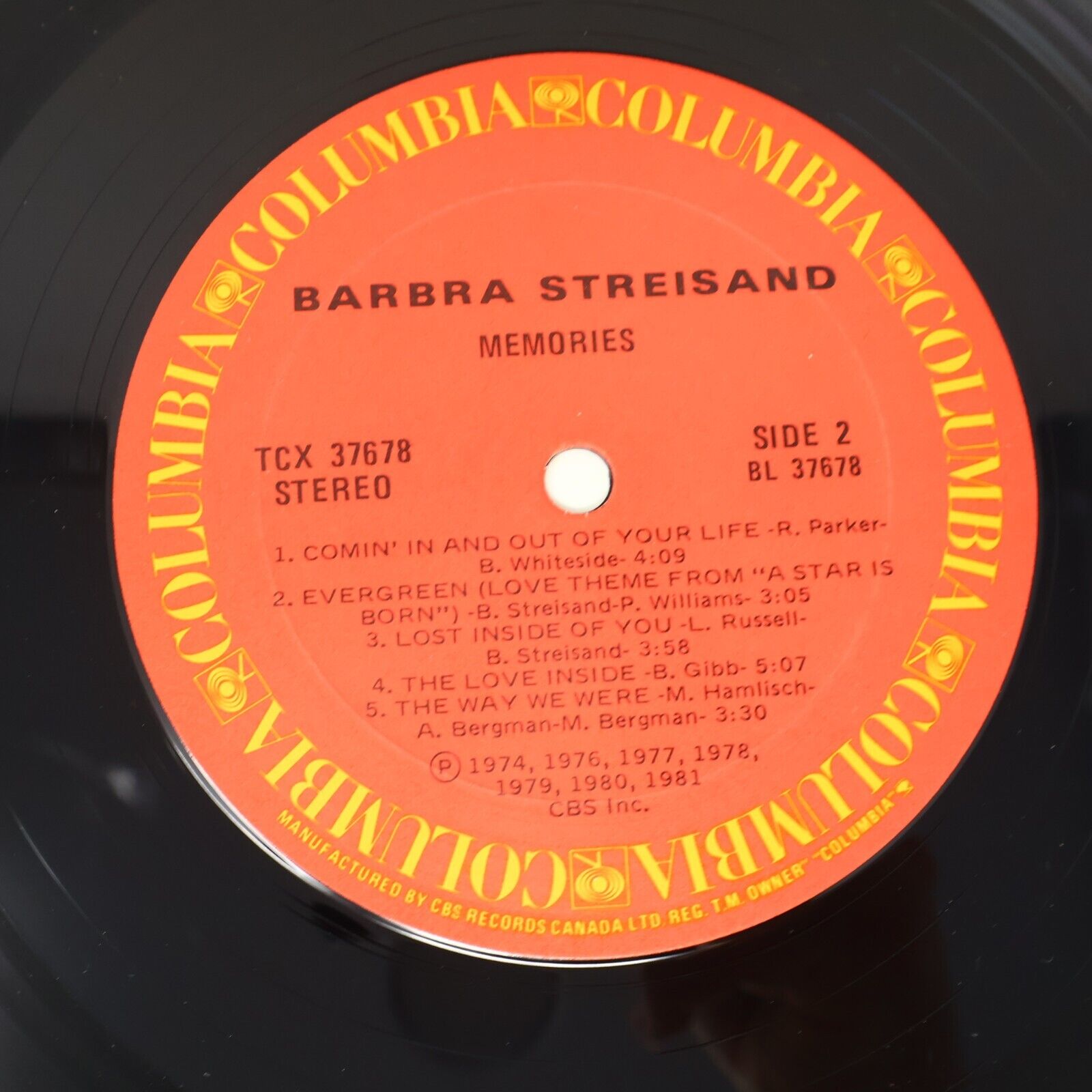 Barbra Streisand Memories LP Record Vinyl 1981 Columbia TC 37678 Canada Memory